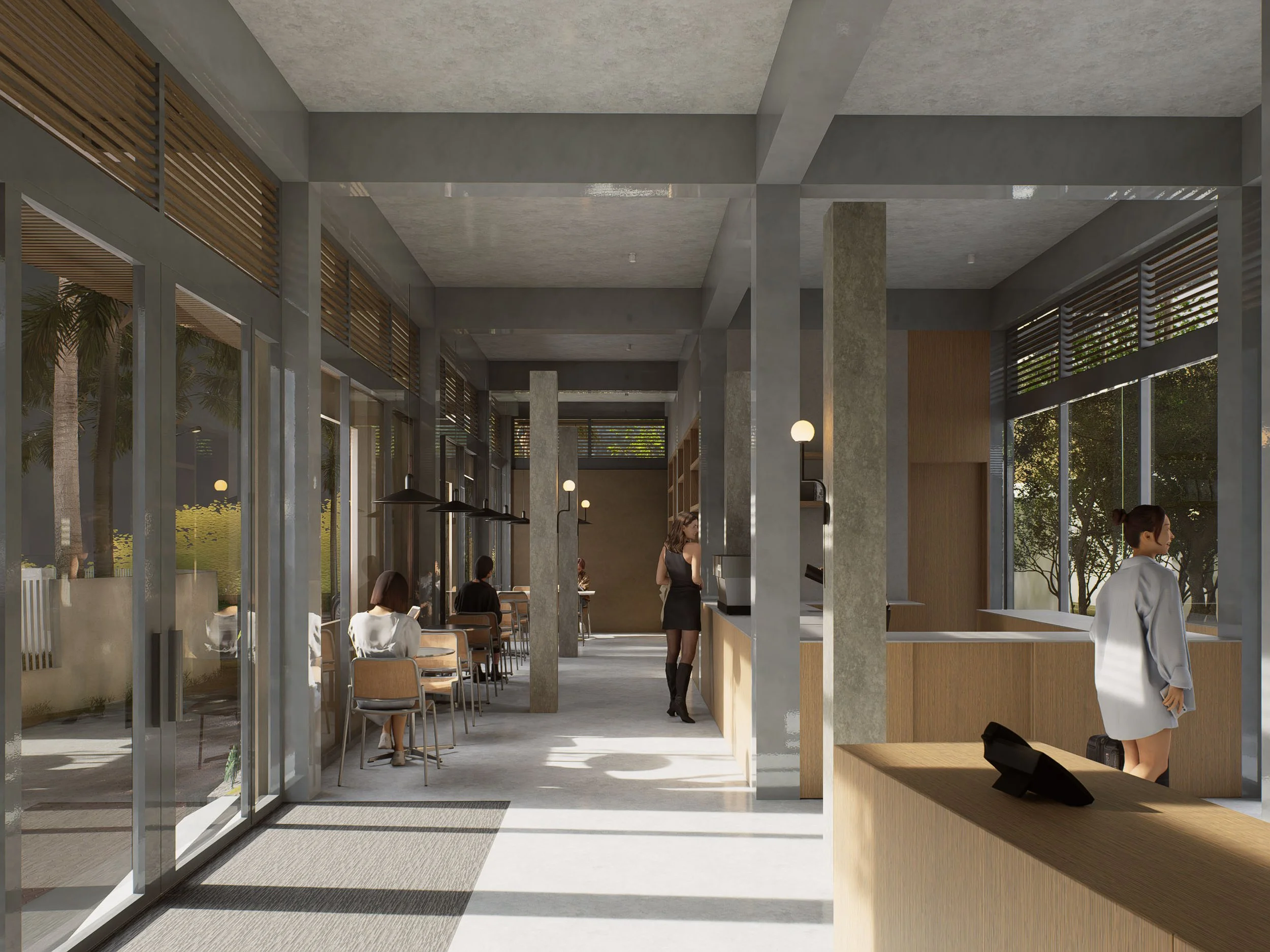 Inside a modern cafe with large glass windows, multiple people are seated at tables; some are using phones, and a woman is working at the counter, with sunlight streaming through the windows.