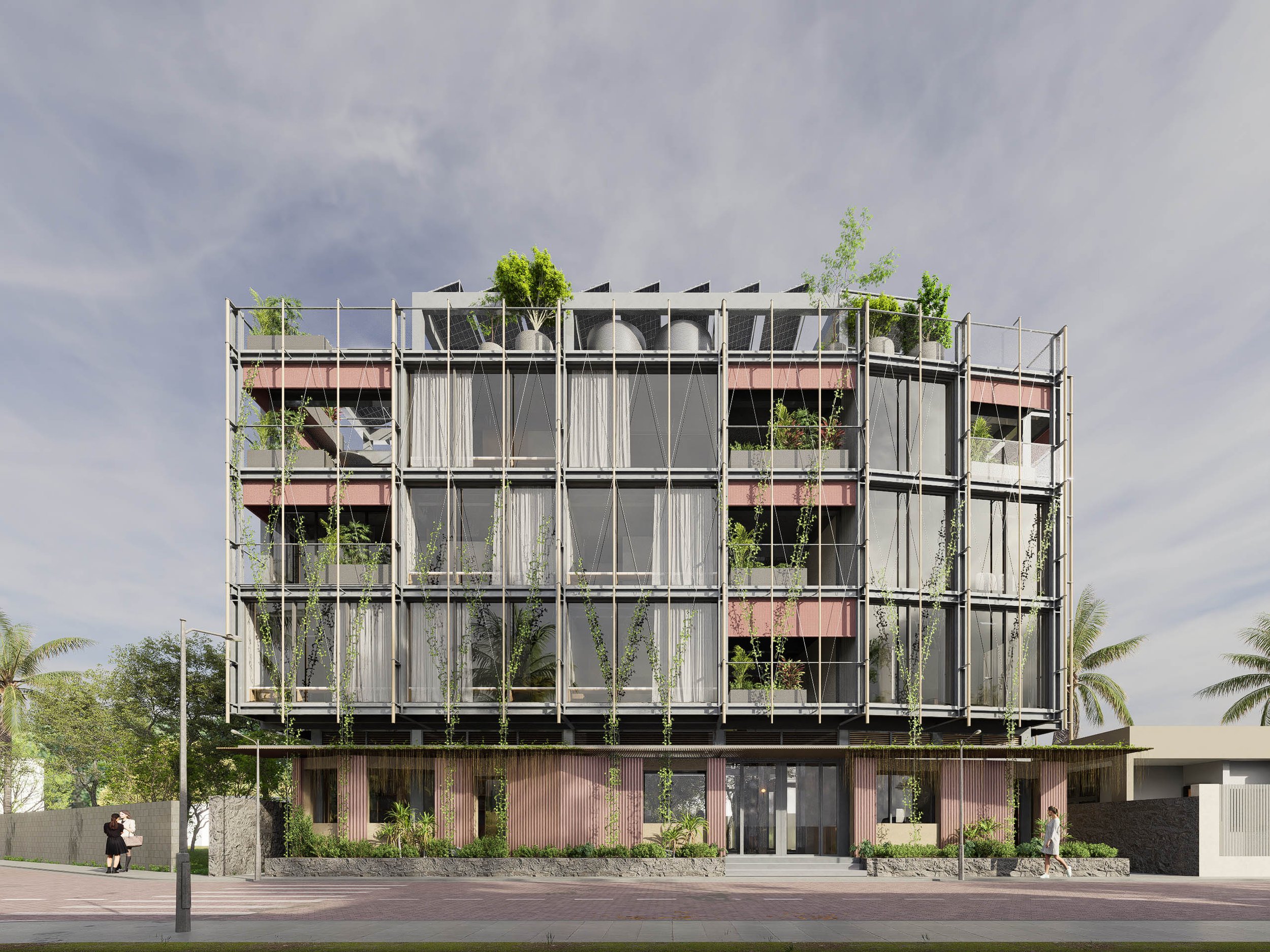 A modern, multi-story building with glass walls, greenery, and balconies, situated on a city street with people walking by.