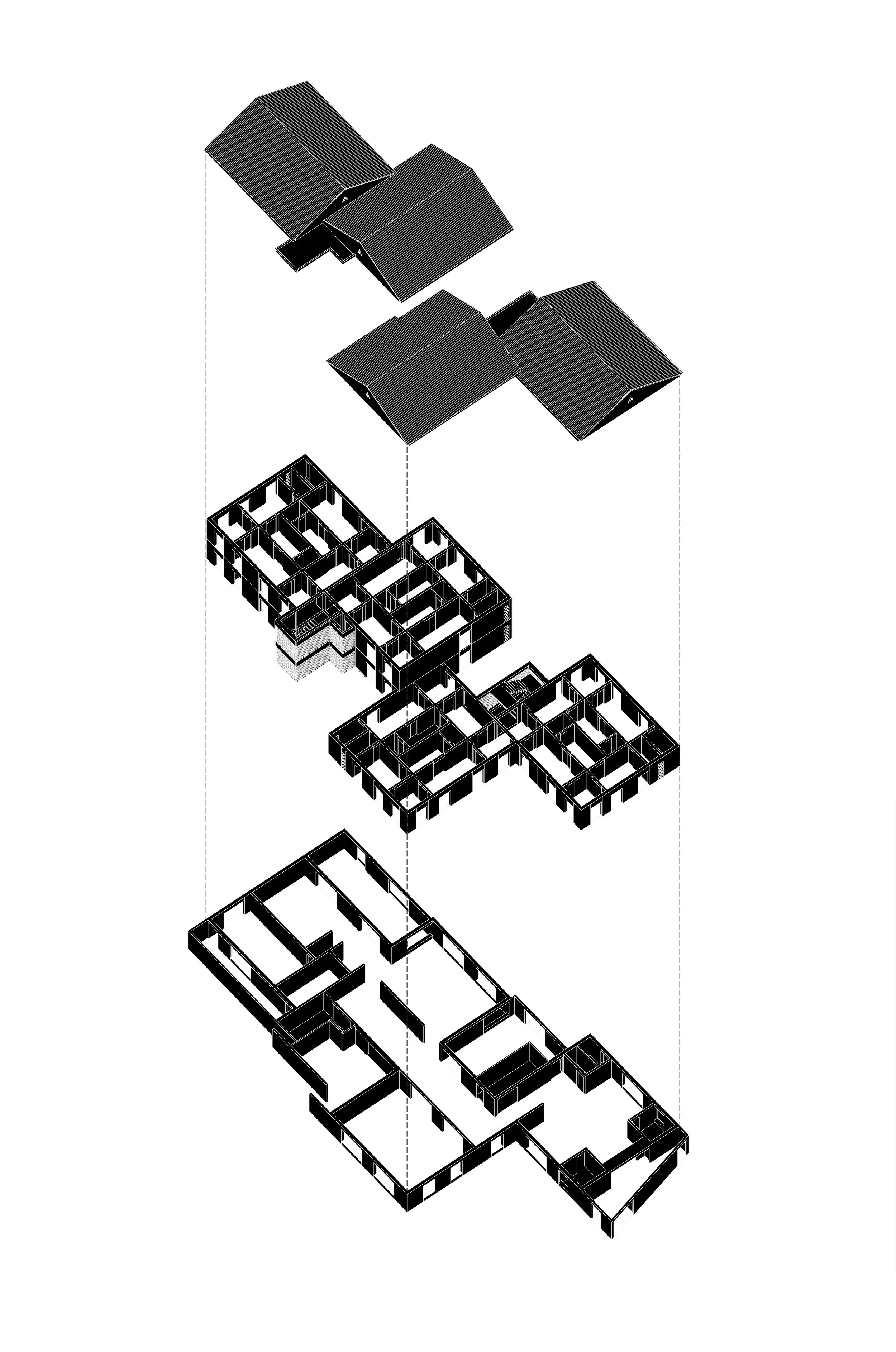An exploded view of a multi-story house showing the roof, upper floor, middle floor, and ground floor with interior layout.