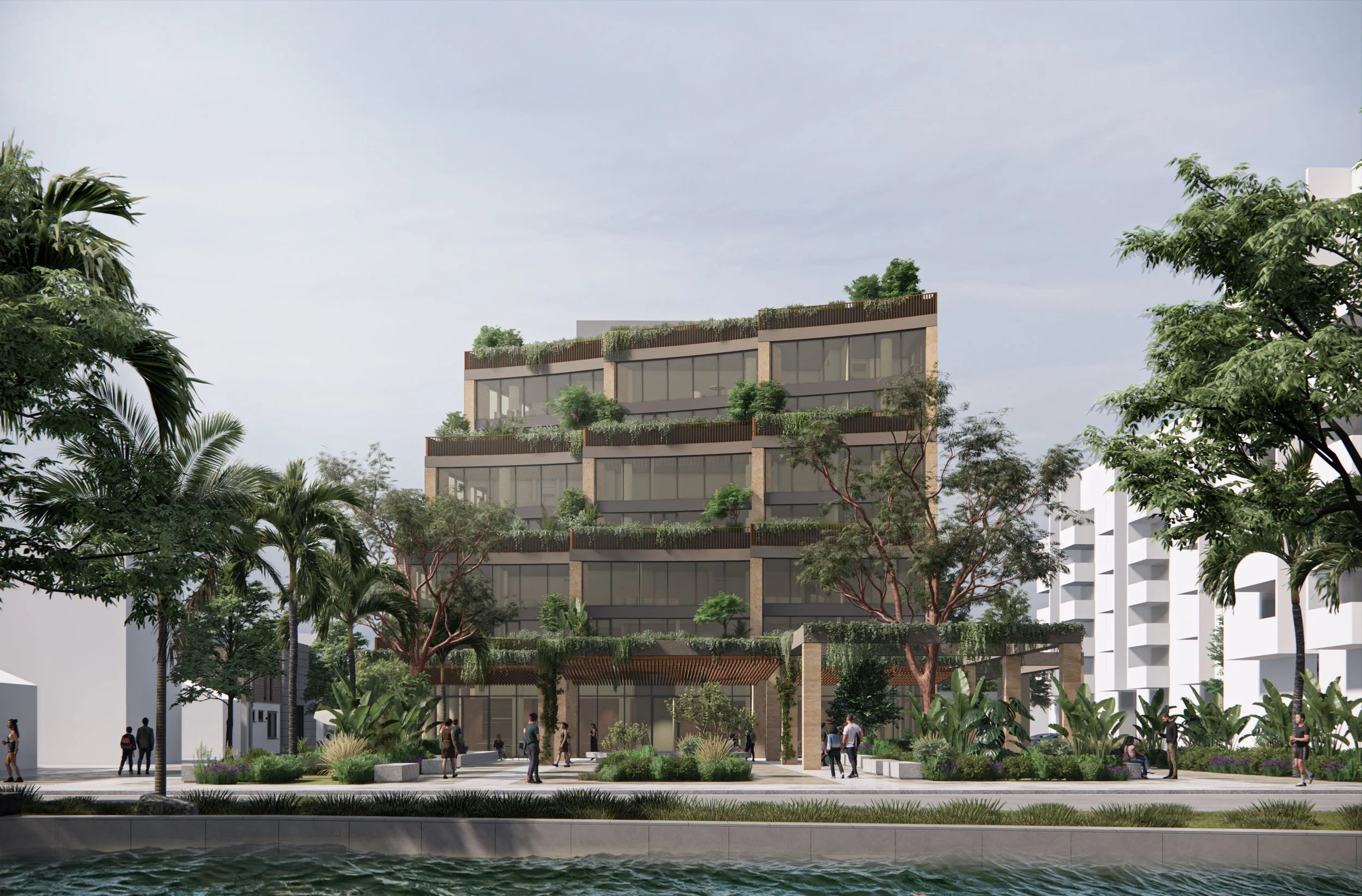 Rendering of a modern multi-story building with extensive greenery and trees, situated in an urban area with people walking and sitting nearby.