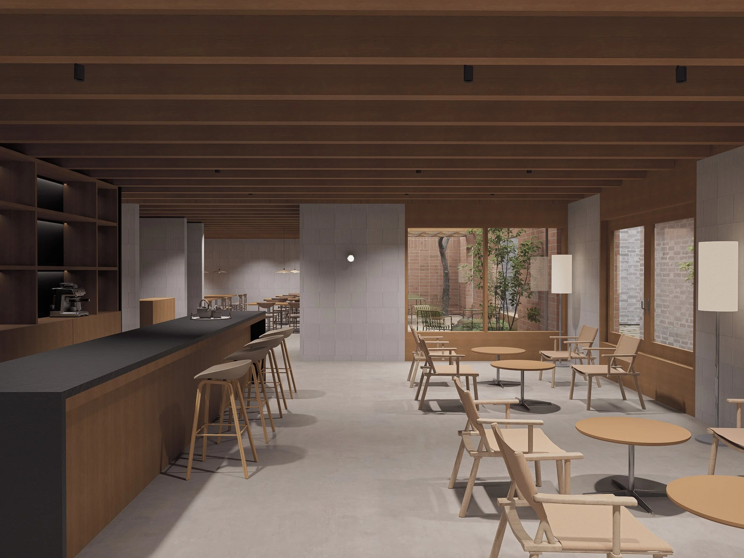 Modern cafe interior with wooden ceiling, large windows, beige chairs, round tables, and a bar with stools.
