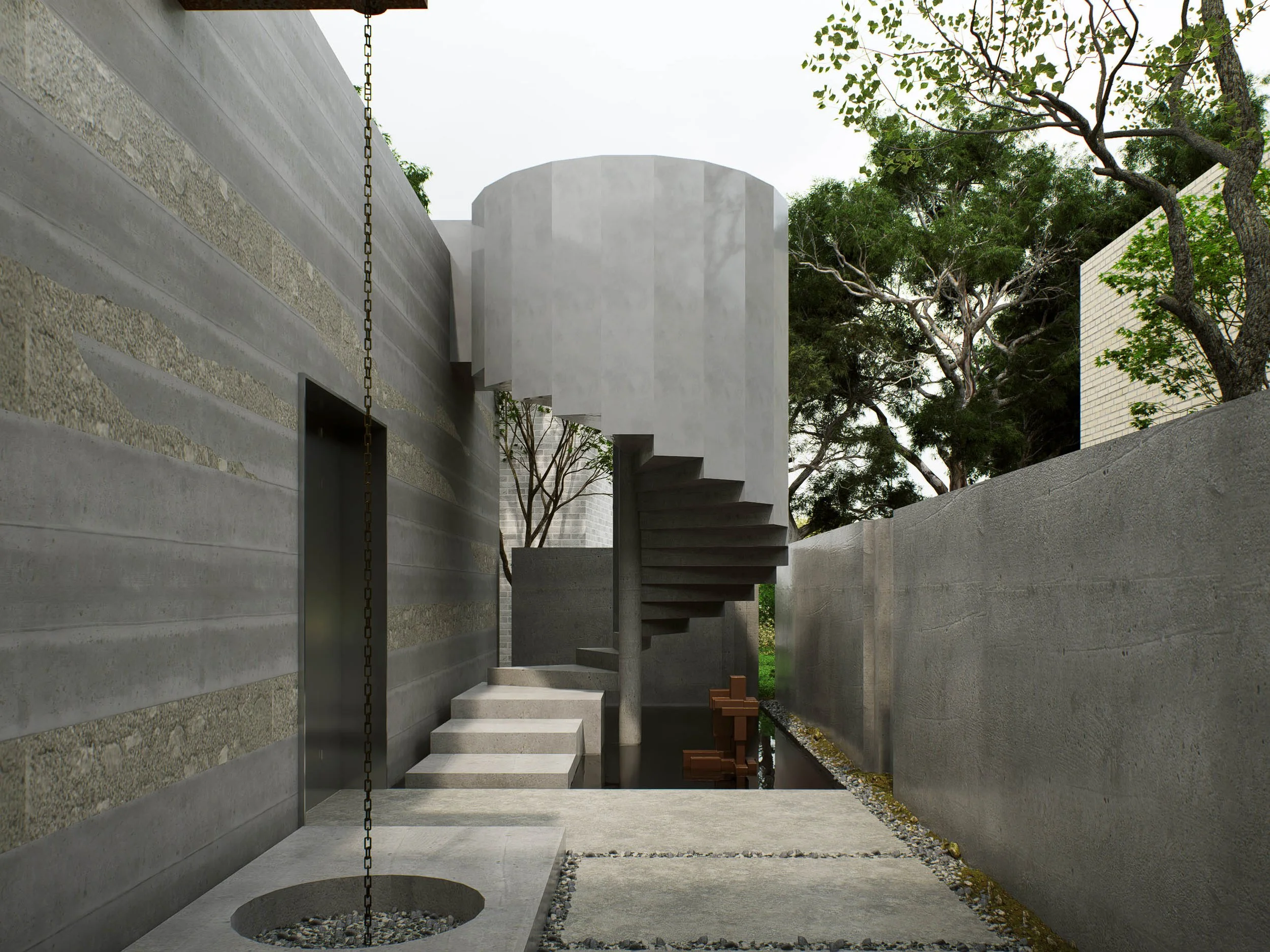 Modern concrete architecture with a spiral staircase, trees, and a chain hanging from the ceiling.
