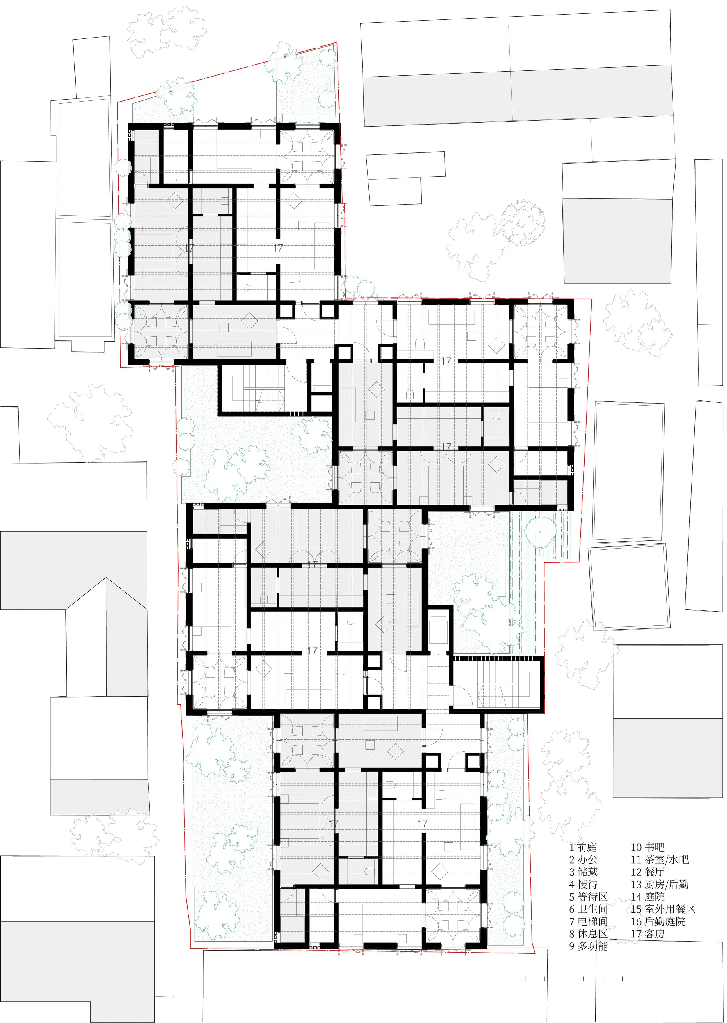 Detailed architectural floor plan of a building with rooms, corridors, trees, and labeled features.