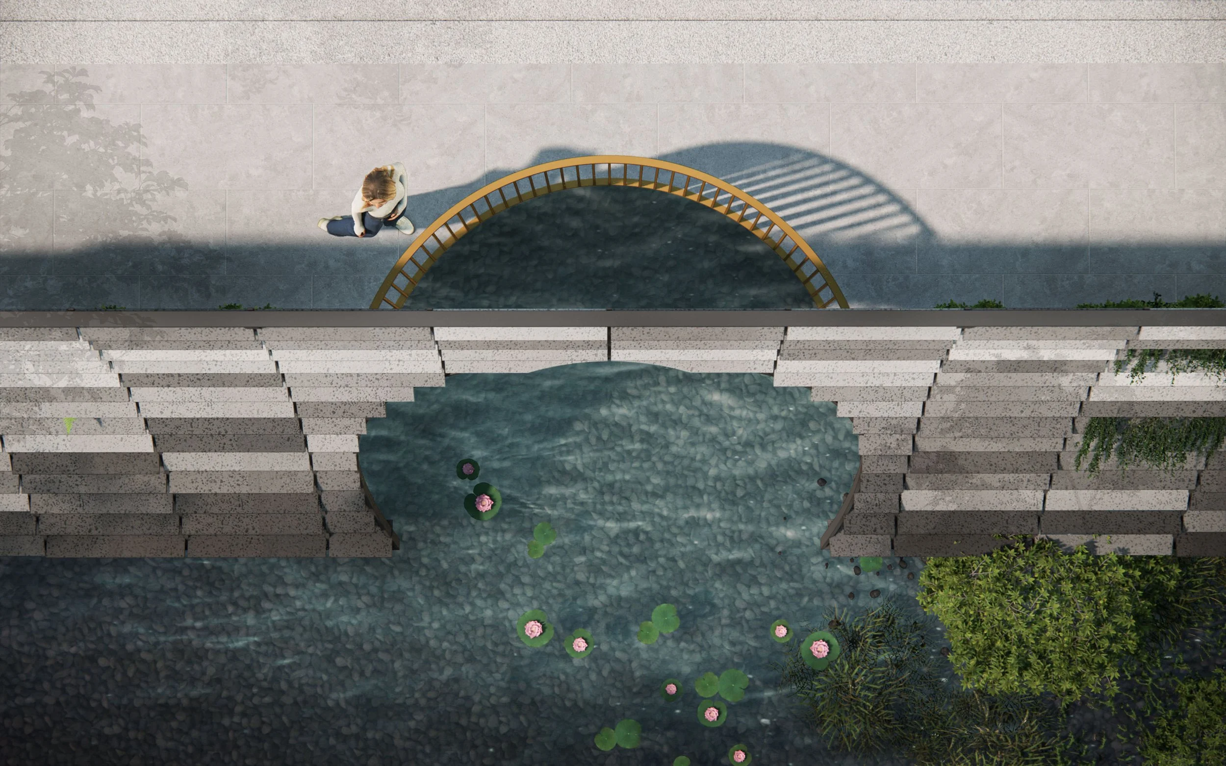 Bird's eye view of a person walking on a sidewalk next to a water feature with lily pads and blooming pink water lilies, surrounded by a stone wall and greenery.