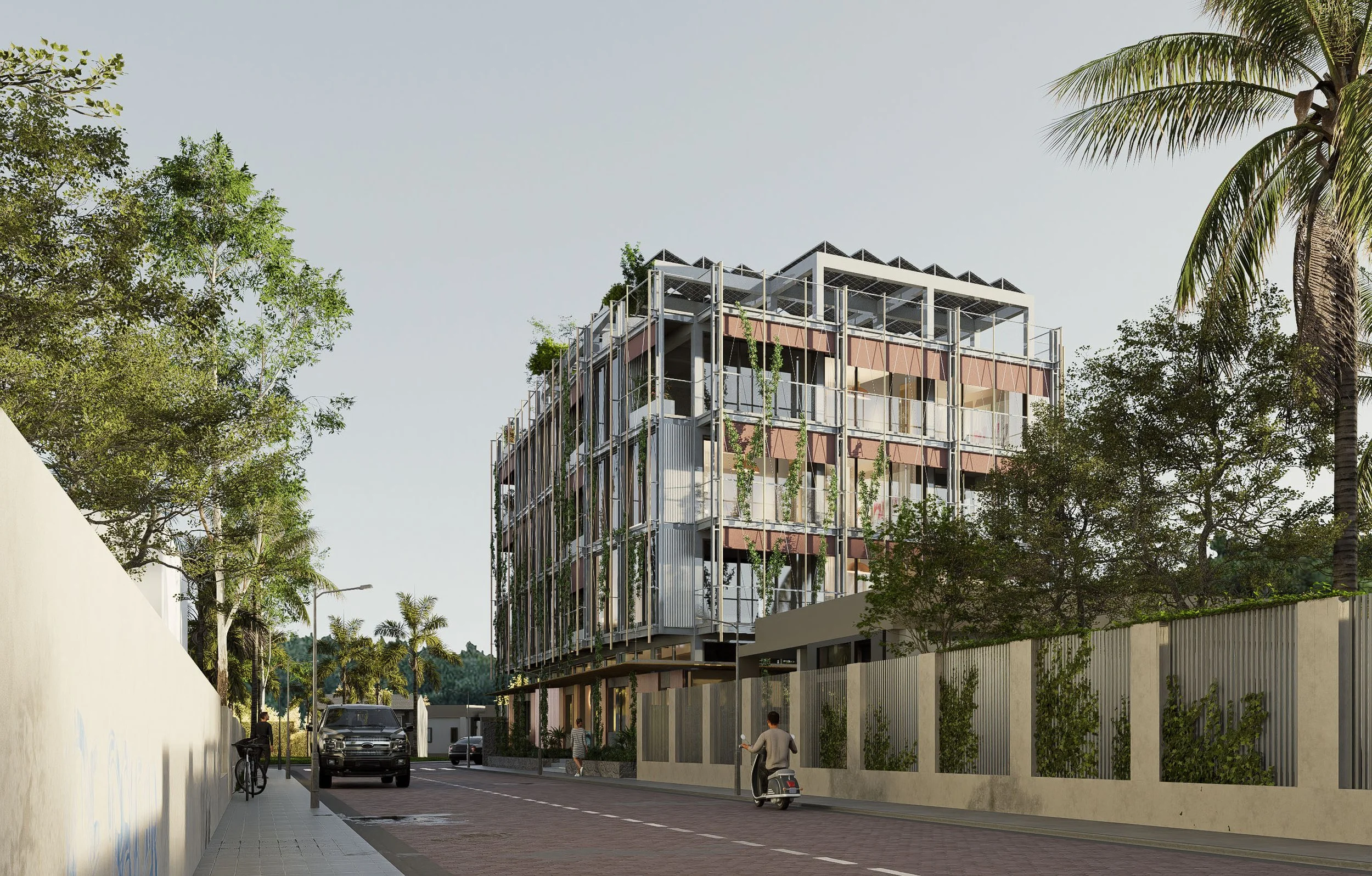 Modern multi-story building with a unique steel frame structure, glass windows, and green plants on balconies, set in an urban area with trees, a sidewalk, and people walking or riding scooters.