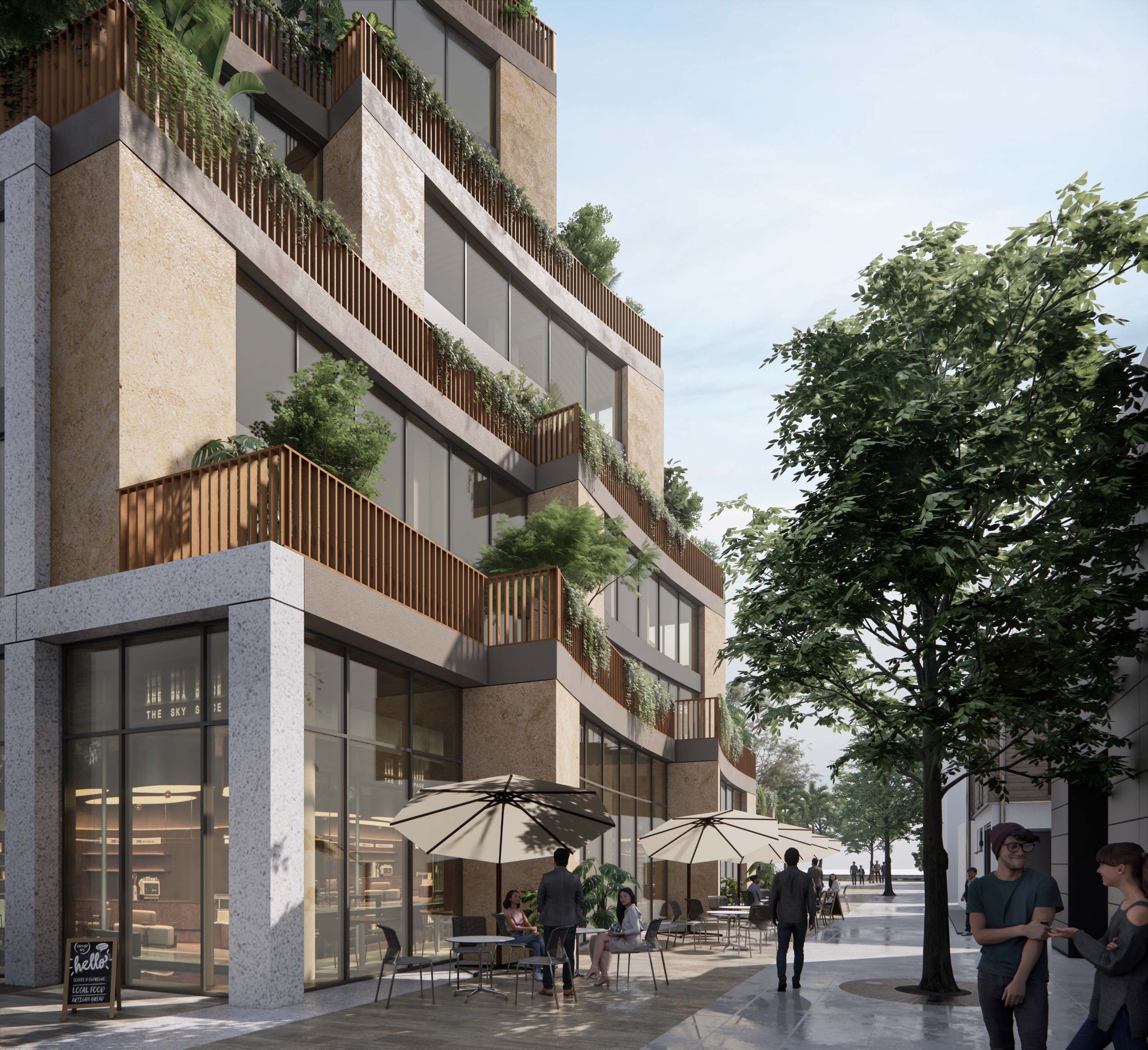 A modern building with glass windows and terrace gardens, and people sitting at outdoor tables with umbrellas on a city sidewalk lined with trees.