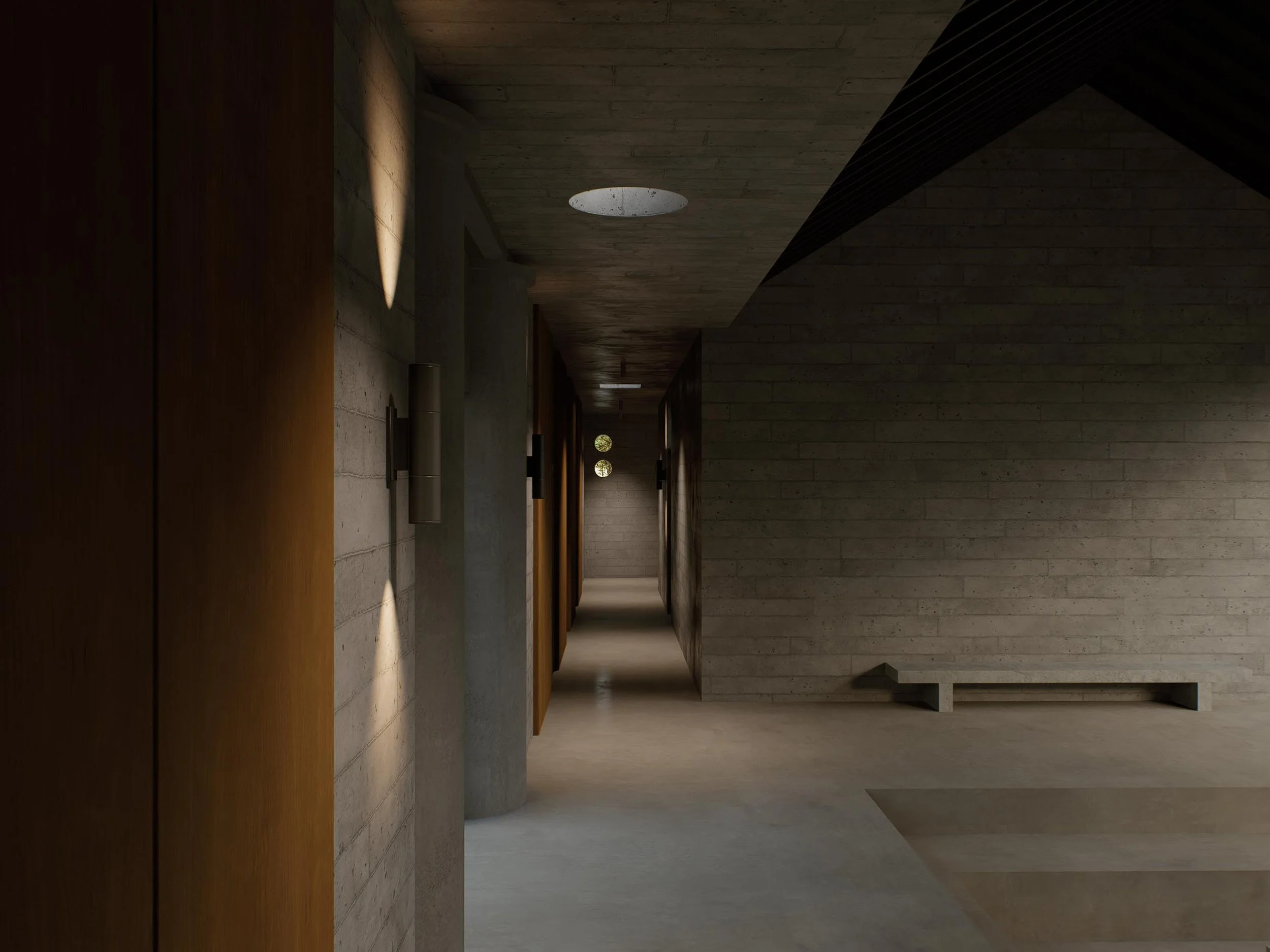 A dimly lit modern hallway with wooden and concrete walls, a bench on the right, and circular ceiling lights.