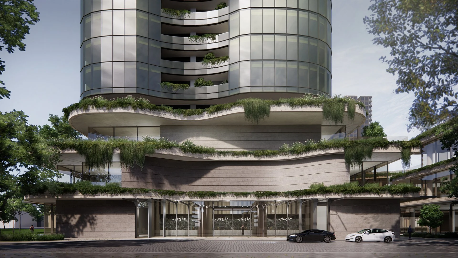 Architectural rendering of a modern high-rise building with curved balconies adorned with greenery, glass walls, and multiple floors, with cars parked in front and trees on the street.