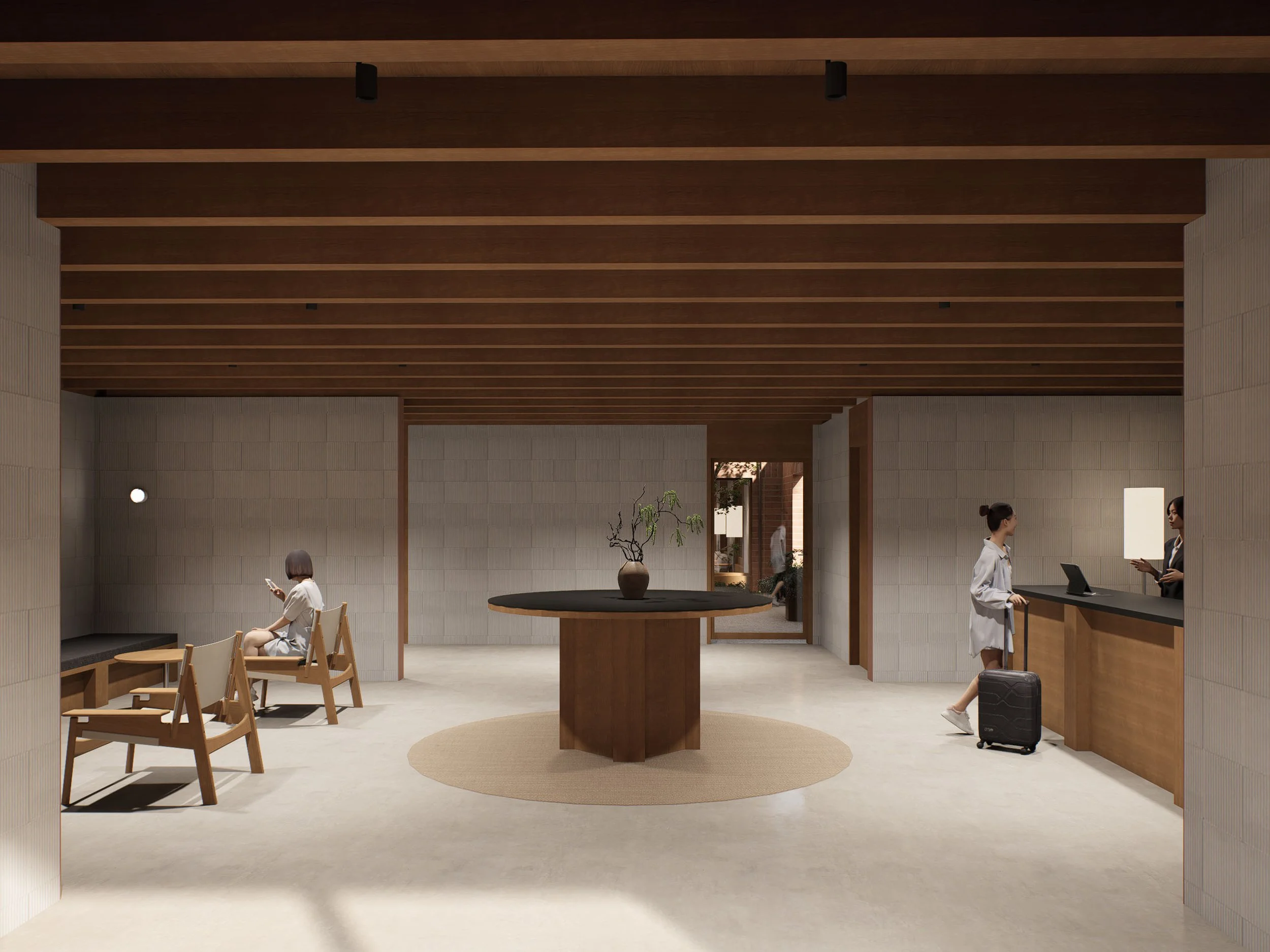 Hotel lobby with a reception desk, a woman with suitcase checking in, and another woman sitting on a bench using her phone, modern minimalist design