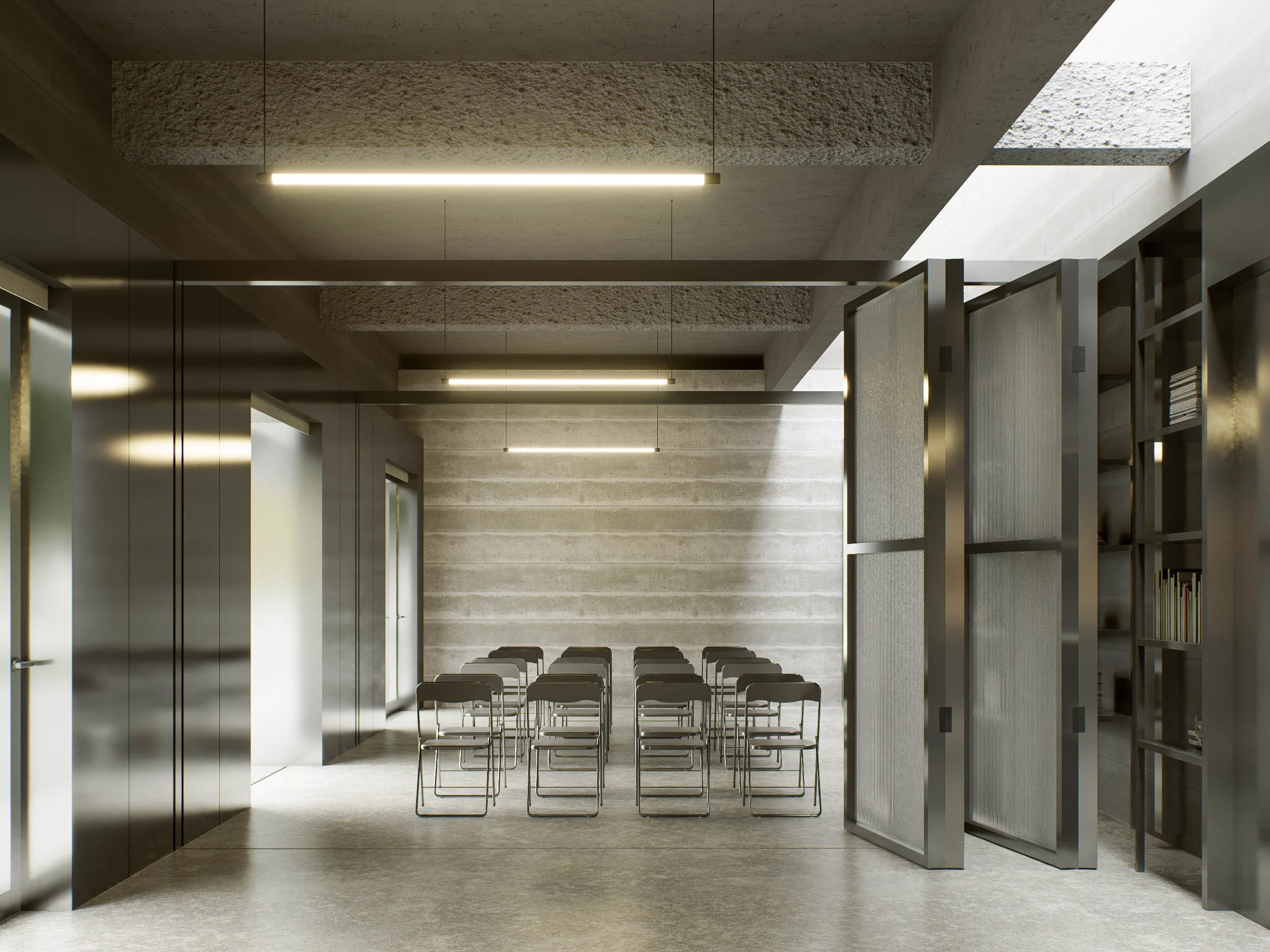 Modern conference room with rows of black chairs, concrete walls, large windows, and a ceiling with linear lighting fixtures.