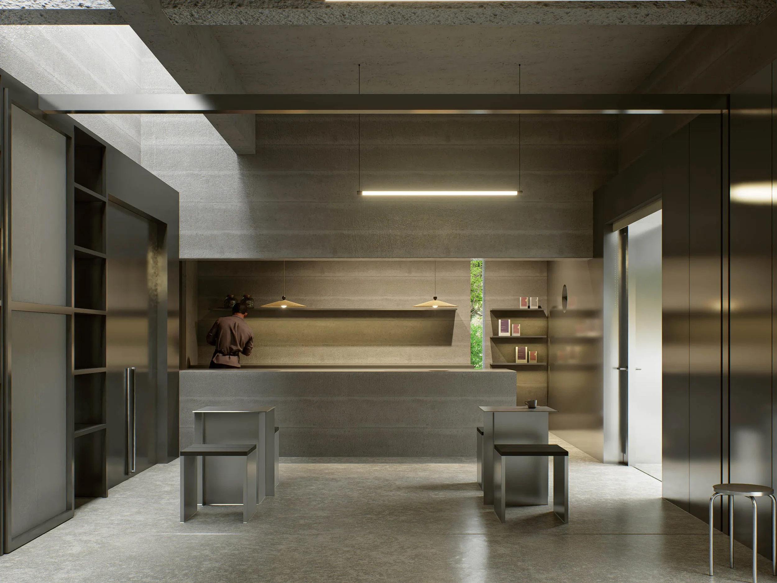 Modern interior with concrete walls, hanging linear ceiling lights, metal chairs, and a person in a brown jacket facing away.