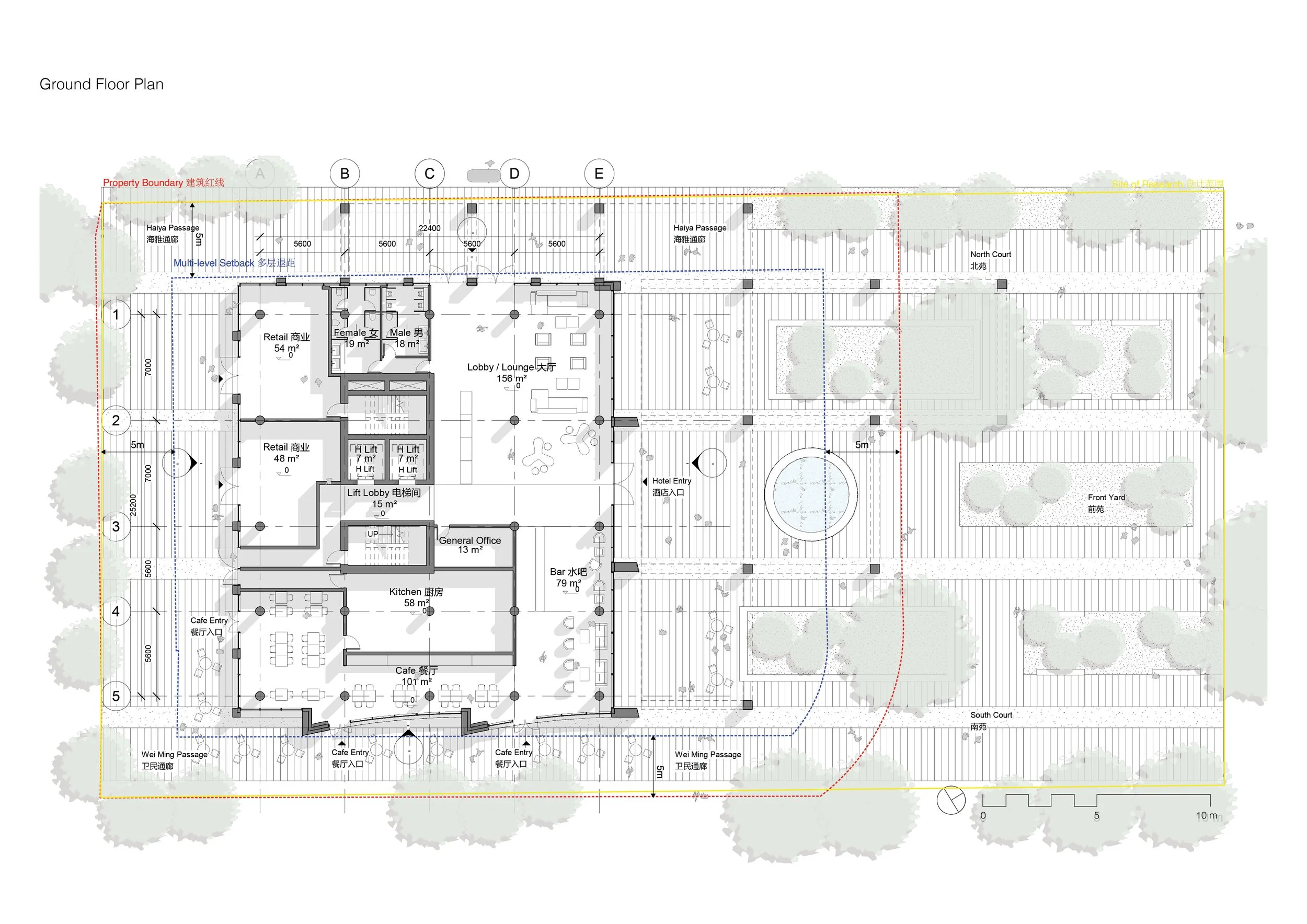Detailed ground floor architectural plan of a building featuring retail stores, cafes, a kitchen, a general office, a bar, lobby/lounge area, hotel entry, lift lobby, restrooms, and landscaped outdoor areas including a front yard, south court, and site boundaries.