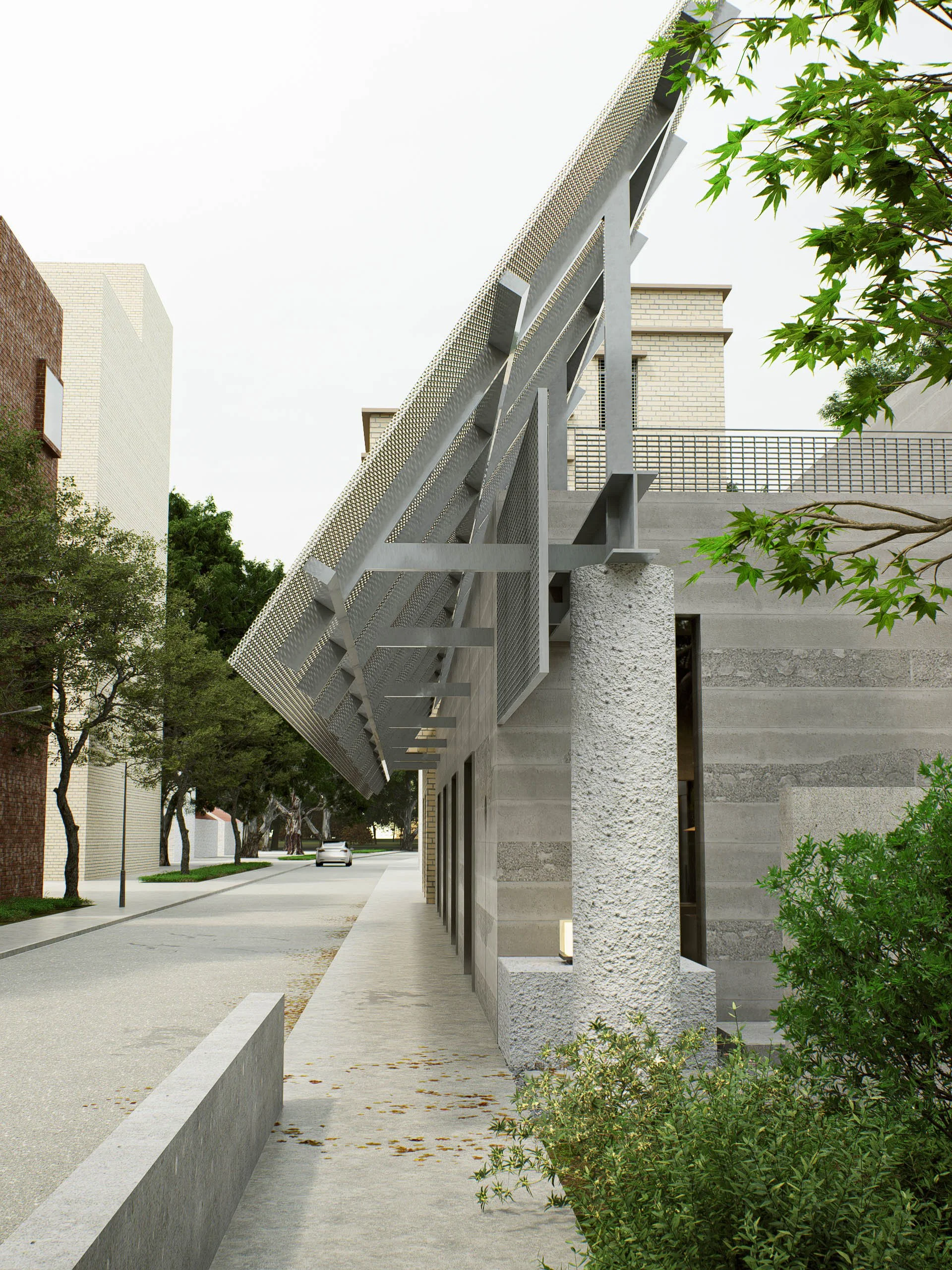 A modern building with a metal architectural feature extending outward, situated on a sidewalk with trees and greenery nearby.