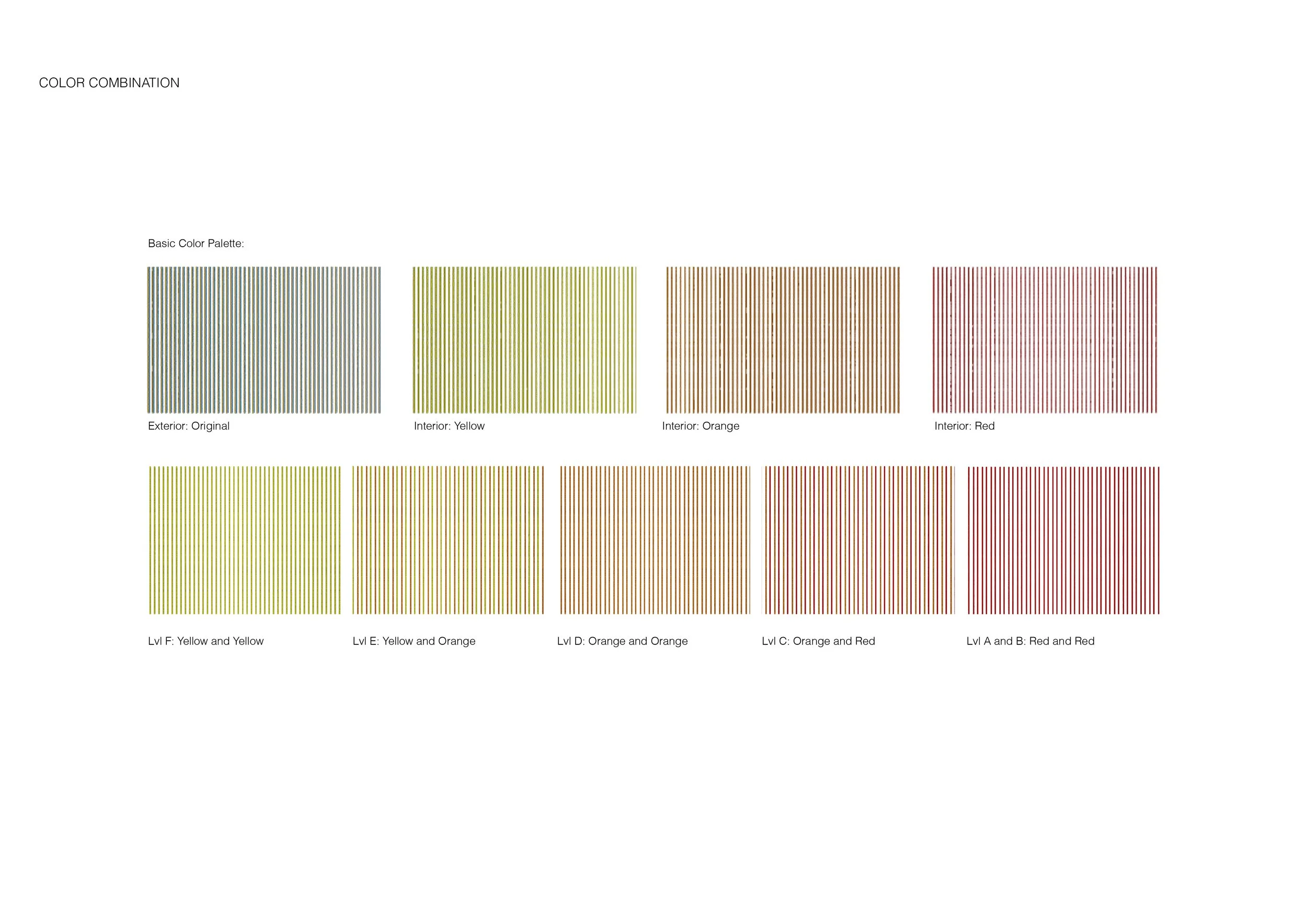A chart displaying various color combinations with small vertical lines, including basic color palette swatches for exterior, interior yellow, orange, and red, and layered combinations of yellow and yellow, yellow and orange, orange and orange, orange and red, and red and red.
