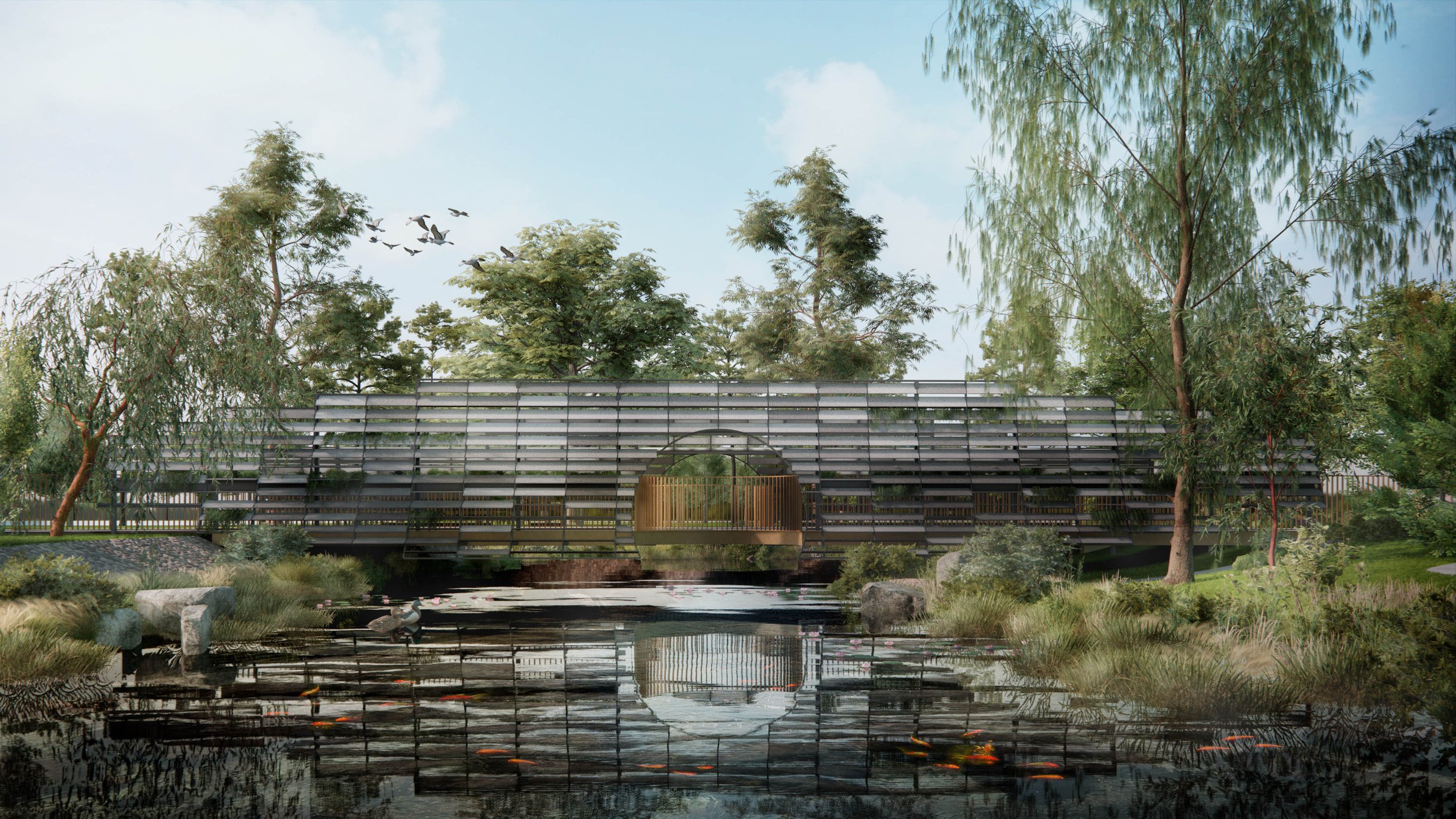 Modern architectural building with a curved design over a pond, surrounded by trees and rocks, with koi fish in the water and birds flying in the sky.