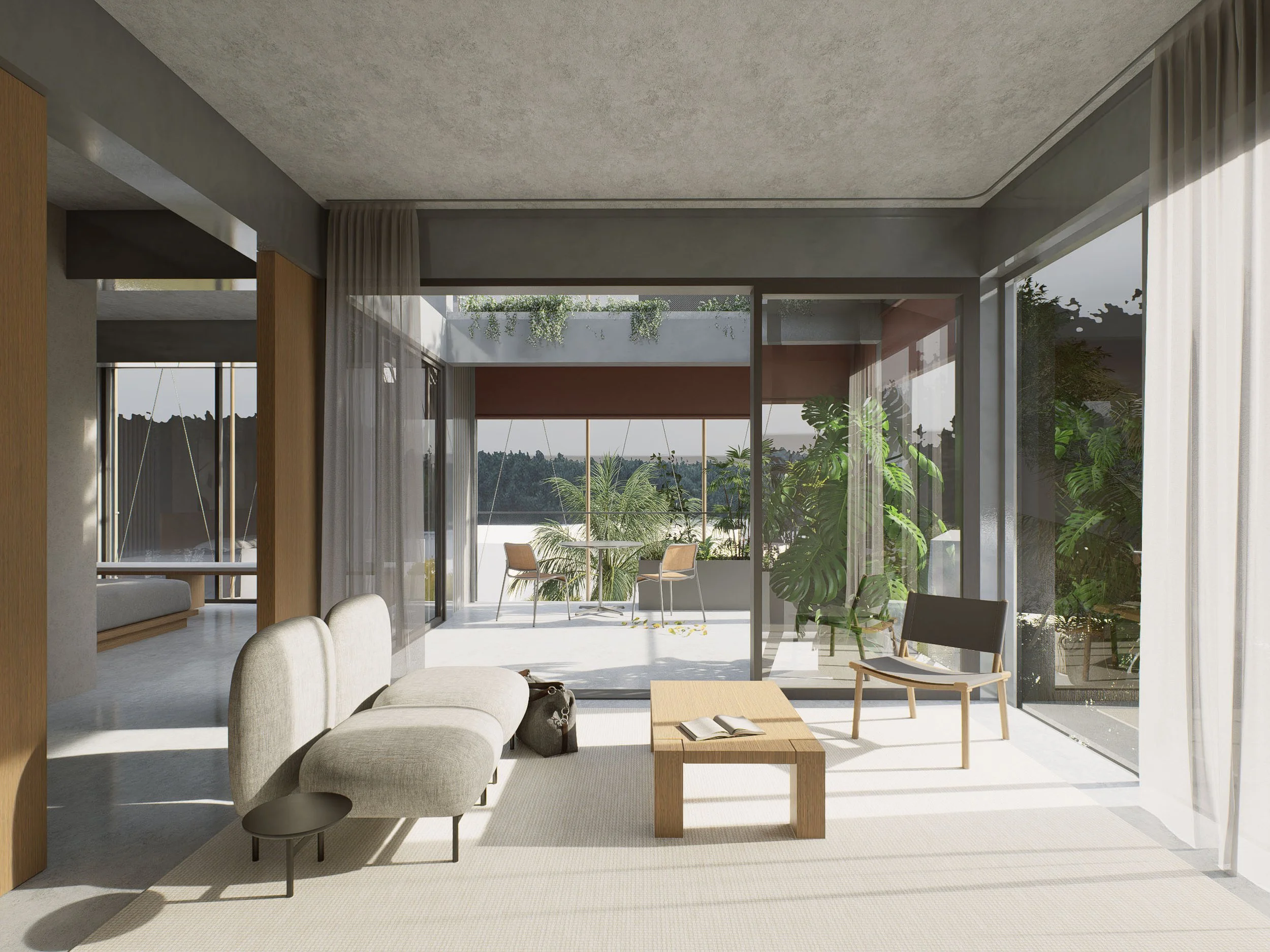Modern living room with large glass windows and sliding doors, white sofa, wooden coffee table, black armchair, beige area rug, and indoor plants, overlooking an outdoor patio with trees in the background.