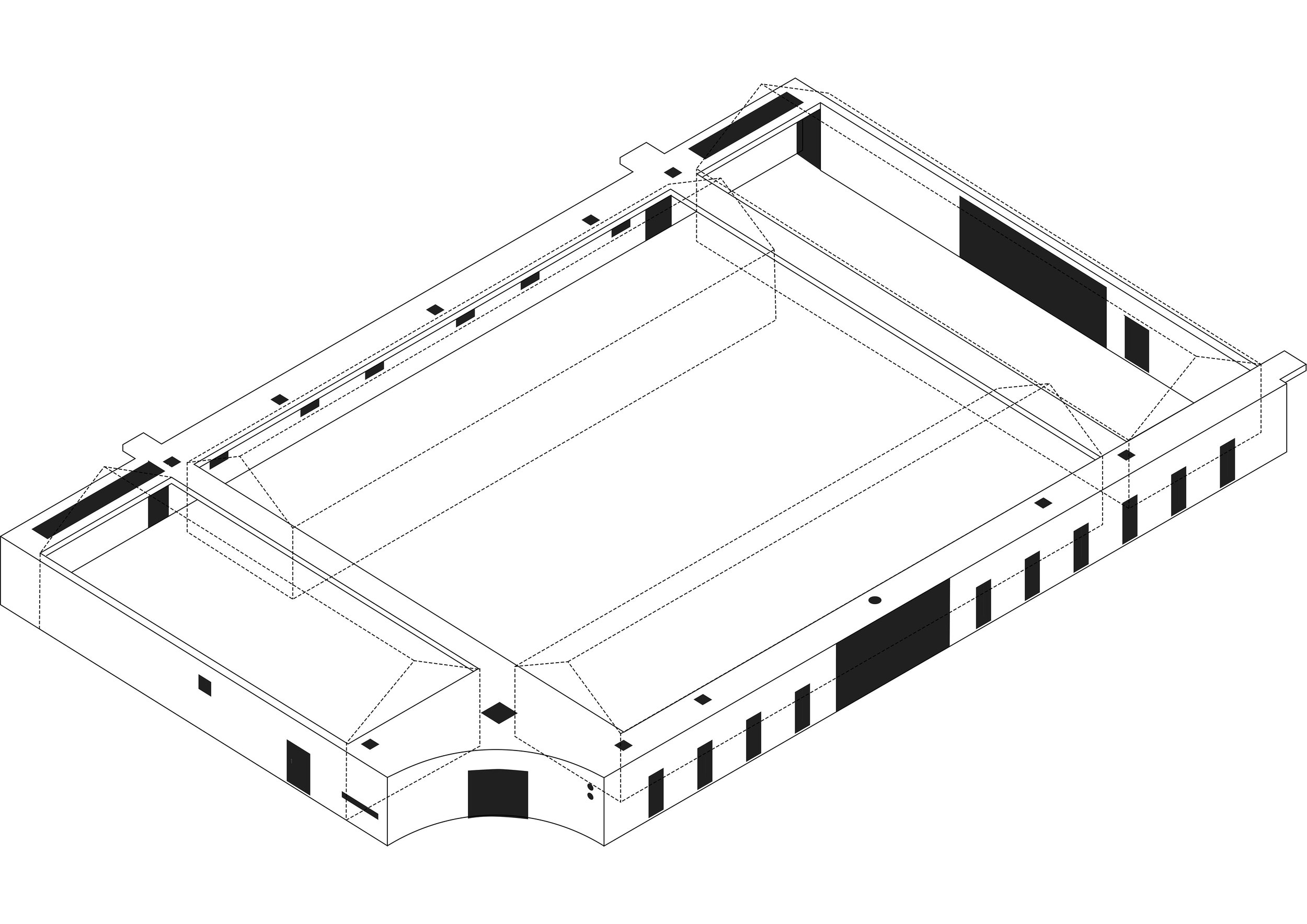 Isometric architectural drawing of a building with exterior walls, doors, and windows, showing structural details in black and white.