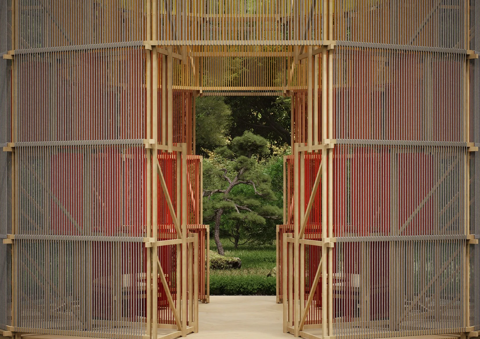 Wooden lattice gate opening to lush green landscaped garden with trees and shrubbery.