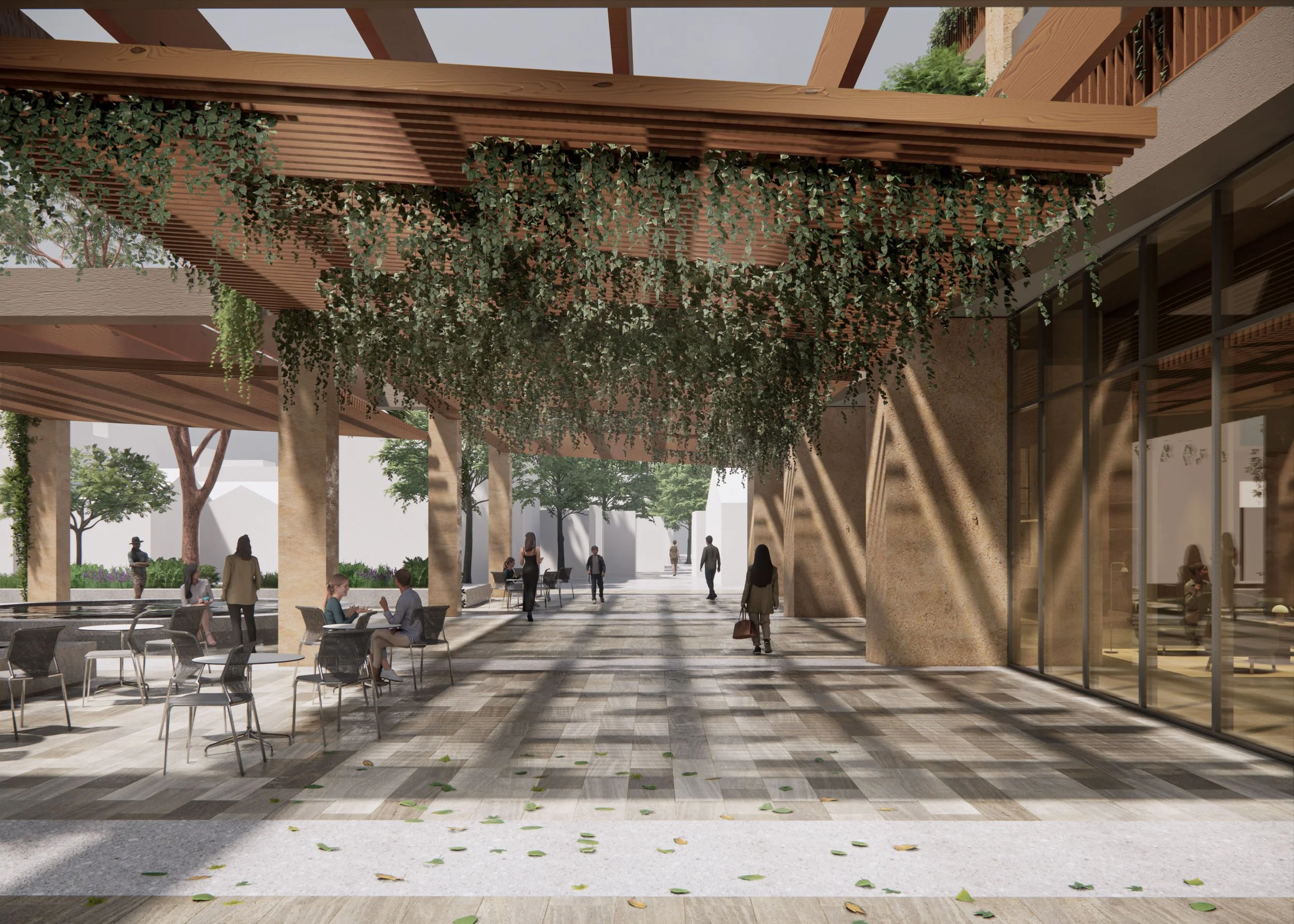 Architectural rendering of an outdoor patio area with tables and chairs, surrounded by trees and greenery, featuring a wooden pergola overhead, and a glass building to the right.