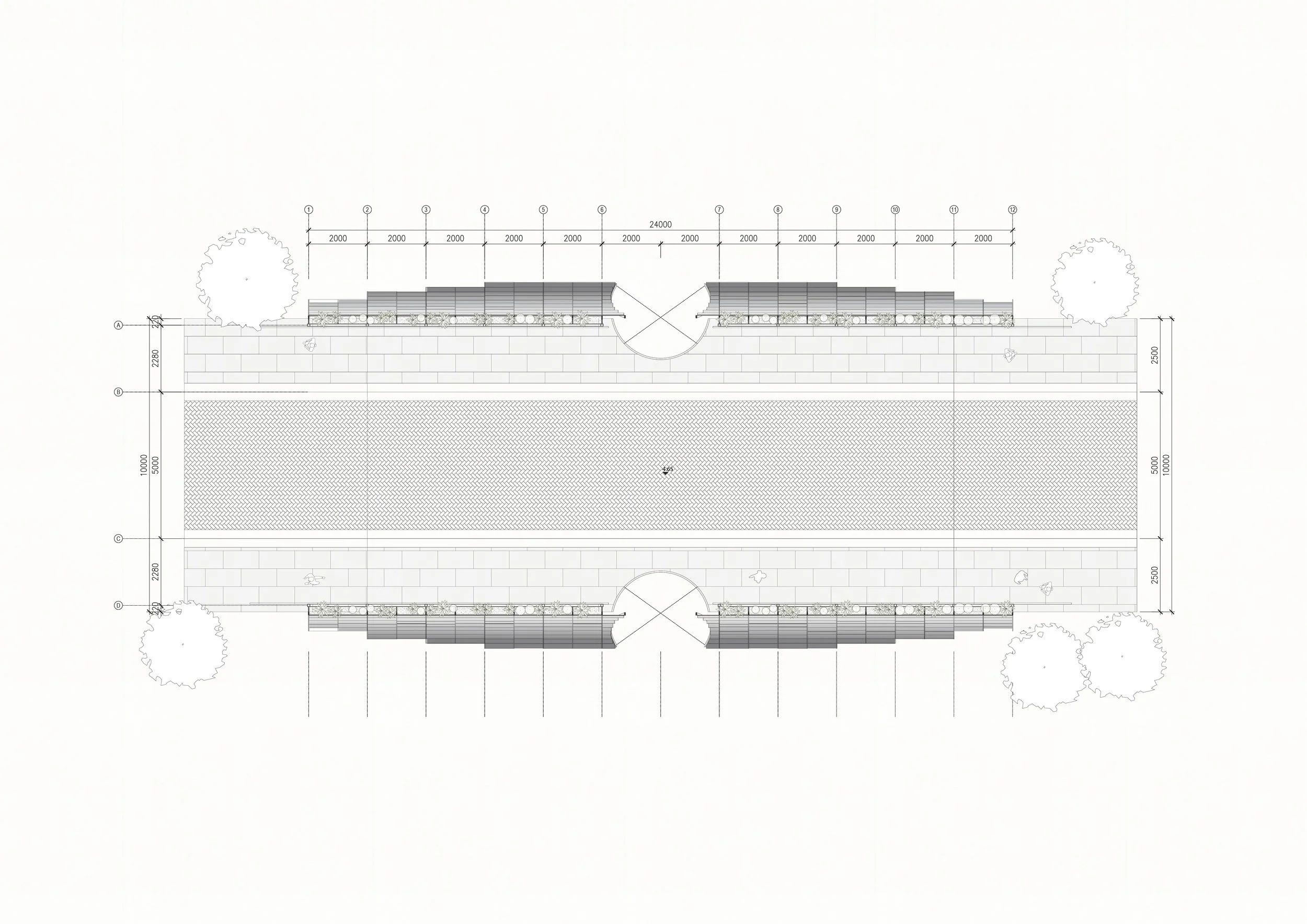 Architectural plan showing a symmetrical layout with pathways, benches, trees, and a central open space, including measurements.