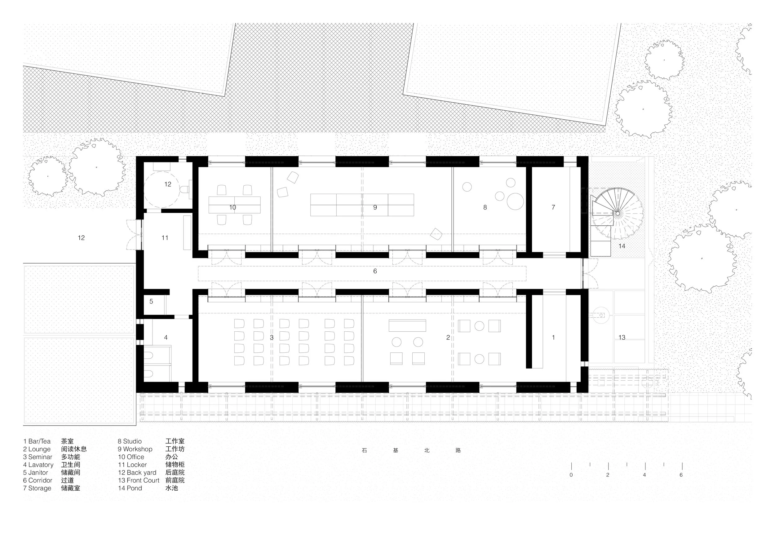 A detailed architectural floor plan of a building with labeled rooms and areas, including a bar/tea room, lounge, seminar room, lavatory, corridor, storage, studio, workshop, office, locker, backyard, front court, and pond, along with surrounding outdoor landscaping and pathways.