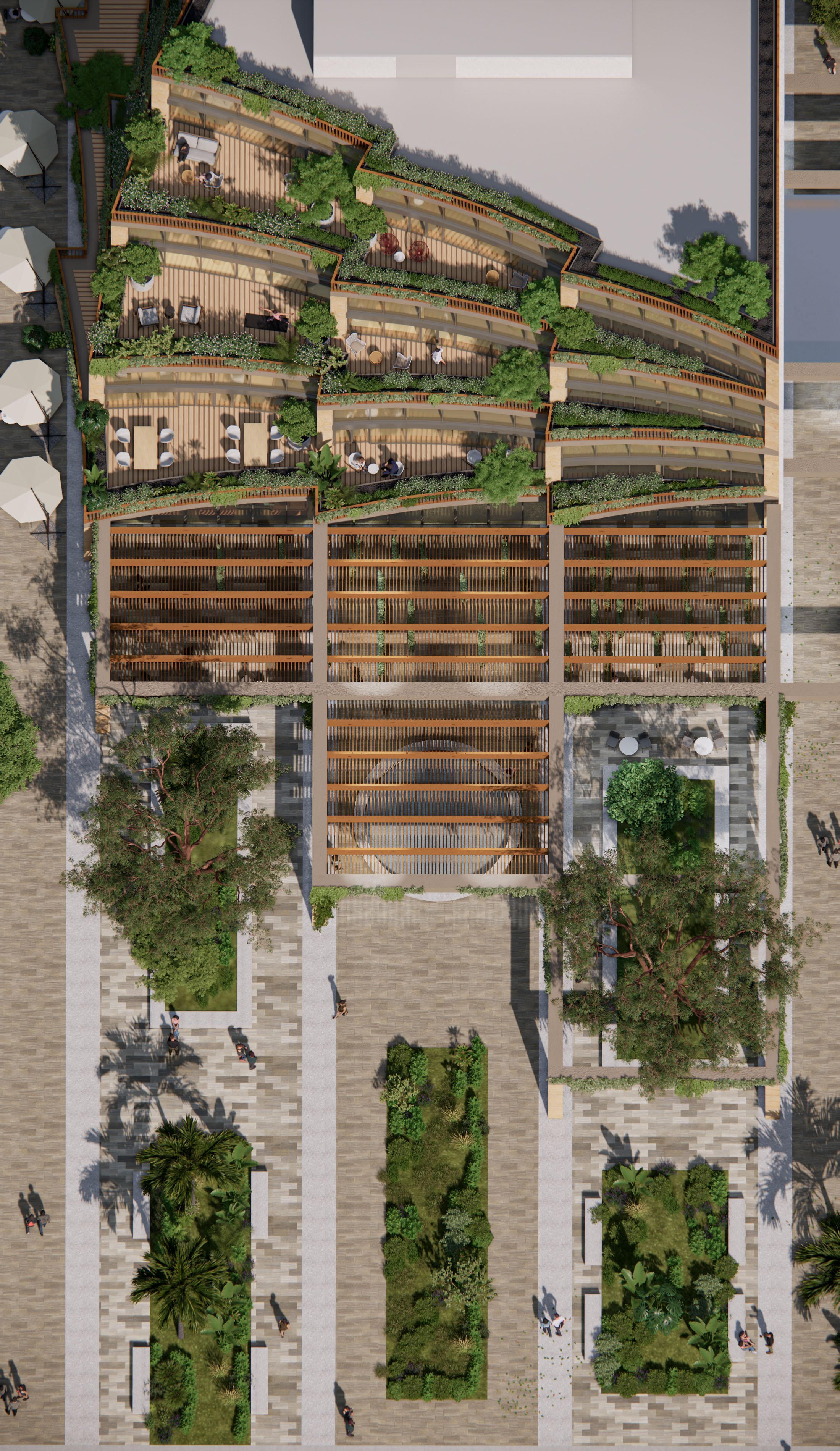 Top-down view of a landscaped outdoor area with tiered wooden decks, gardens, trees, and pathways, including seating areas and people walking.