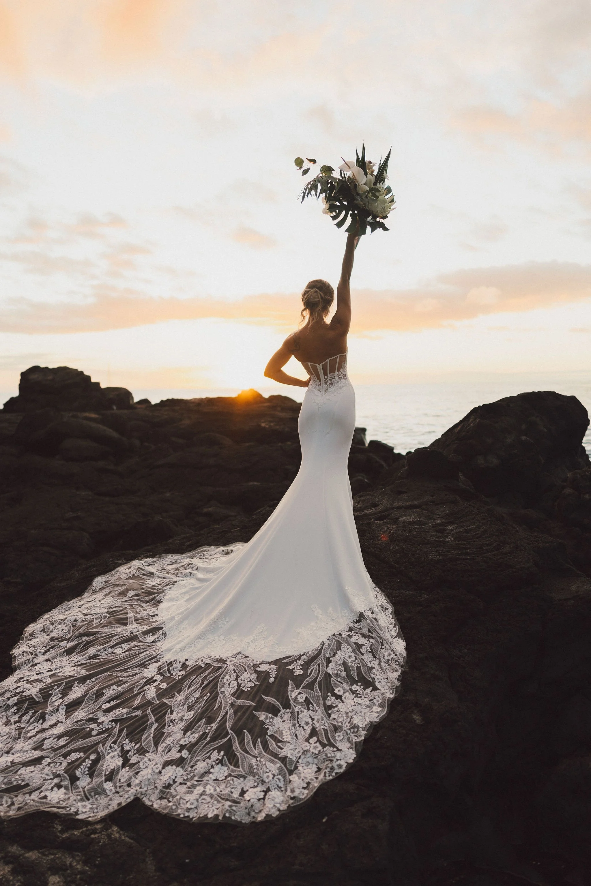 Bridal photos on Hawaii lava rock.