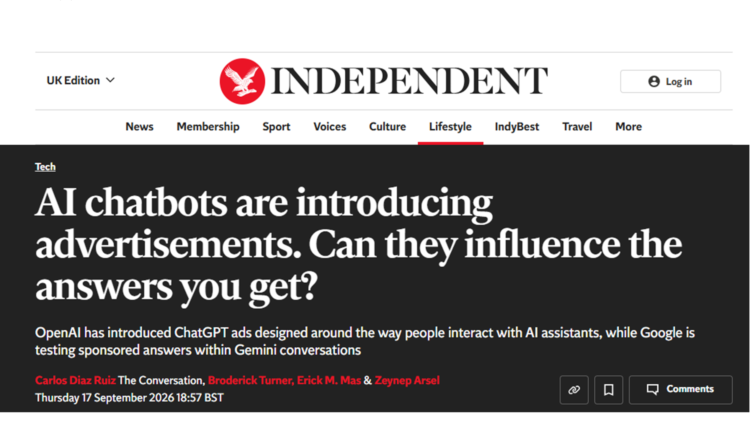 Screen of The Independent, featuring an article on AI chatbots and advertisements written by Carlos Diaz Ruiz