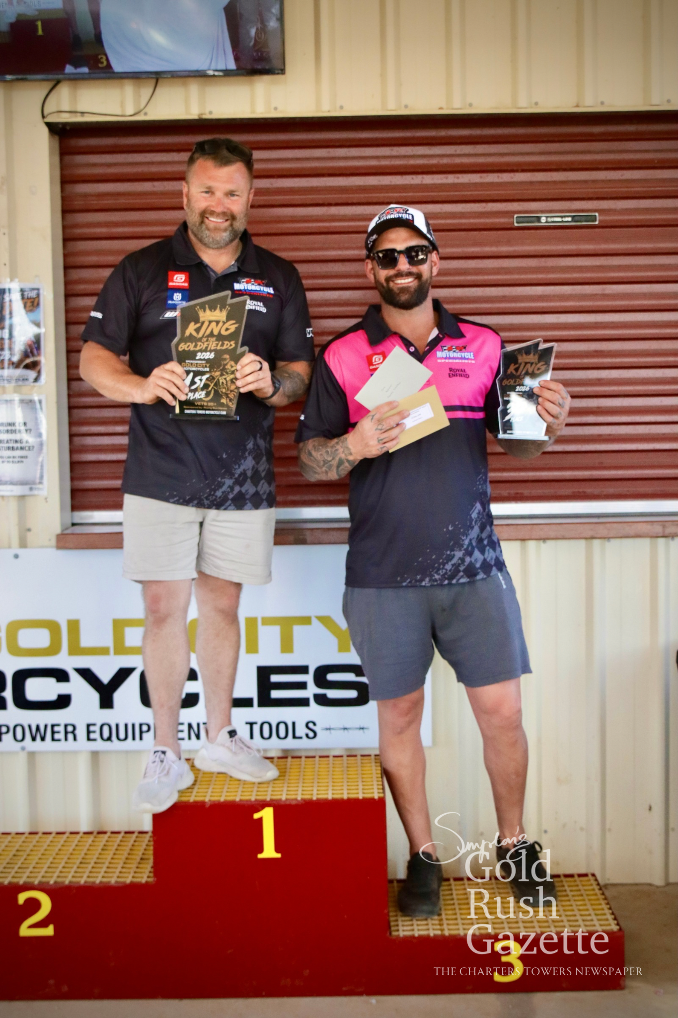 Veterans Joseph Van Scherpenseel (first) and Carmine Stocker (third) at the 2026 King of the Goldfields awards presentation hosted by the Charters Towers Motorcycle Club