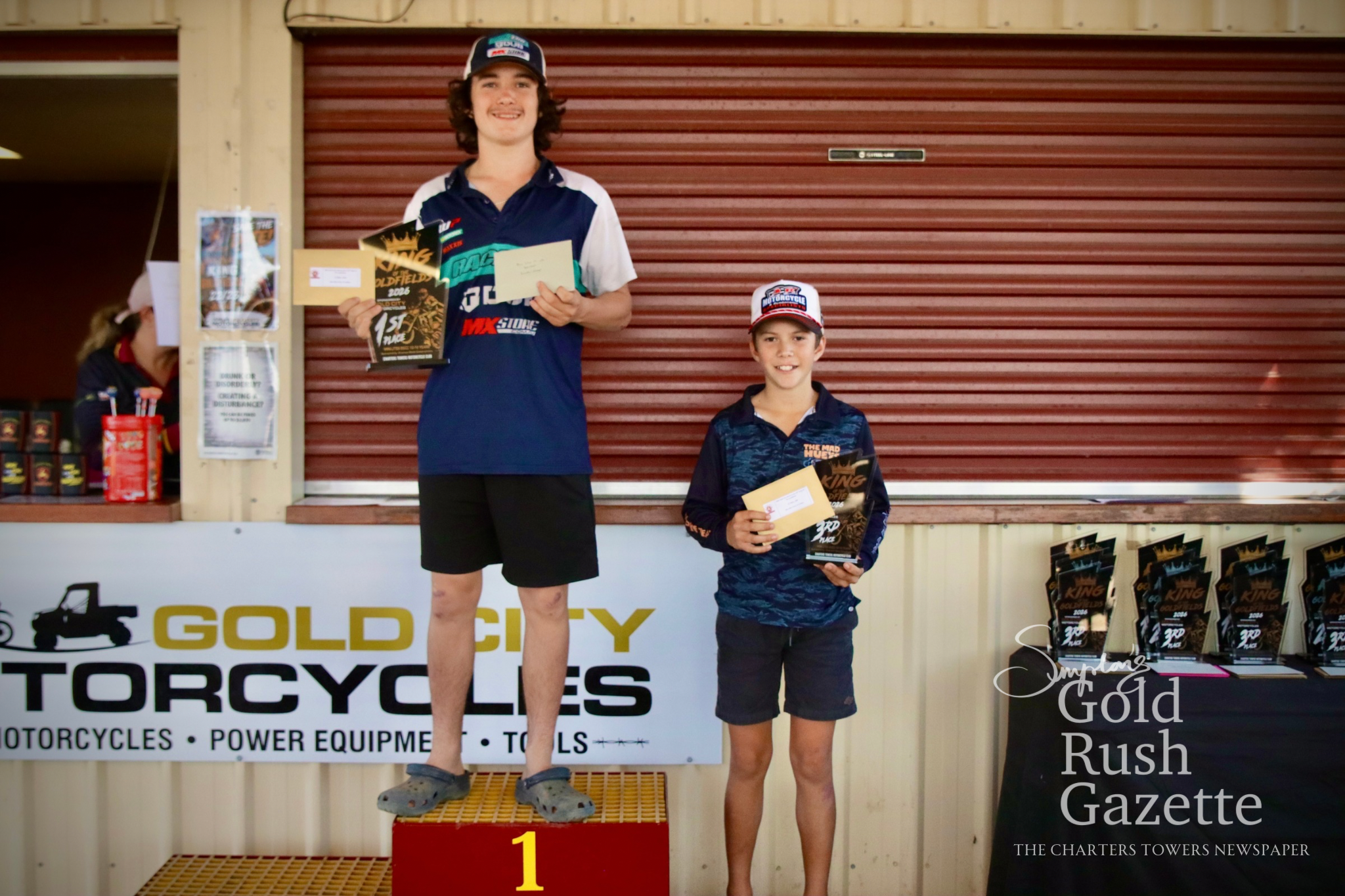 85cc Mini Lites 12-Under16 winners 2026 Exander Stemp (first) and Samuel Shun (third) King of the Goldfields awards presentation 