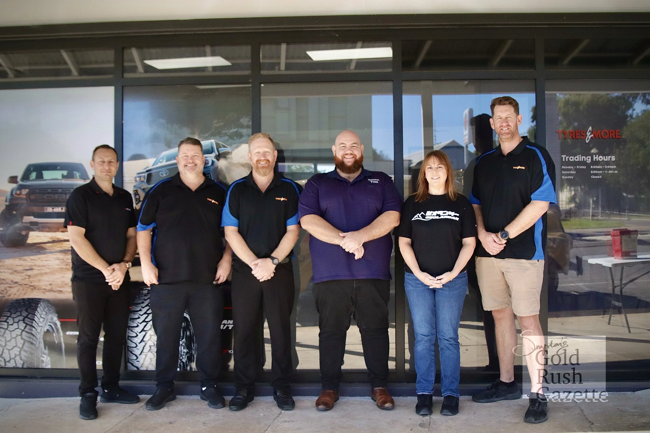 Gerald Sultana, Manager Matt Truscott, Andrew Coogan, Wayne Swensson, Caroline Kelso, and Matt Smith at the Towers Tyres and More Grand Opening (2024)