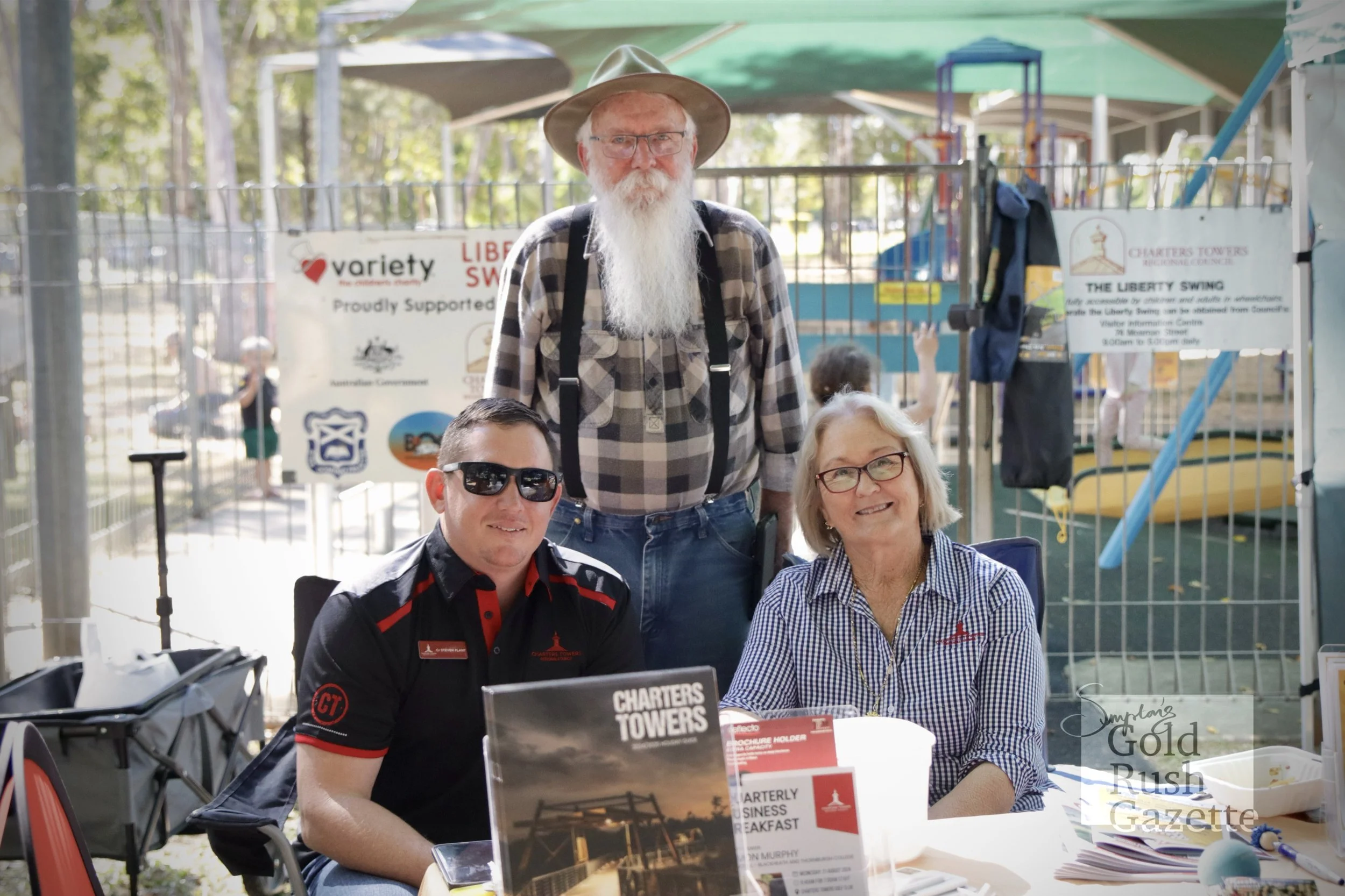 Cr Steven Plant, Malcolm Macdonald, and Mayor Liz Schmidt at the June Centenary Park Charity Markets (2024)