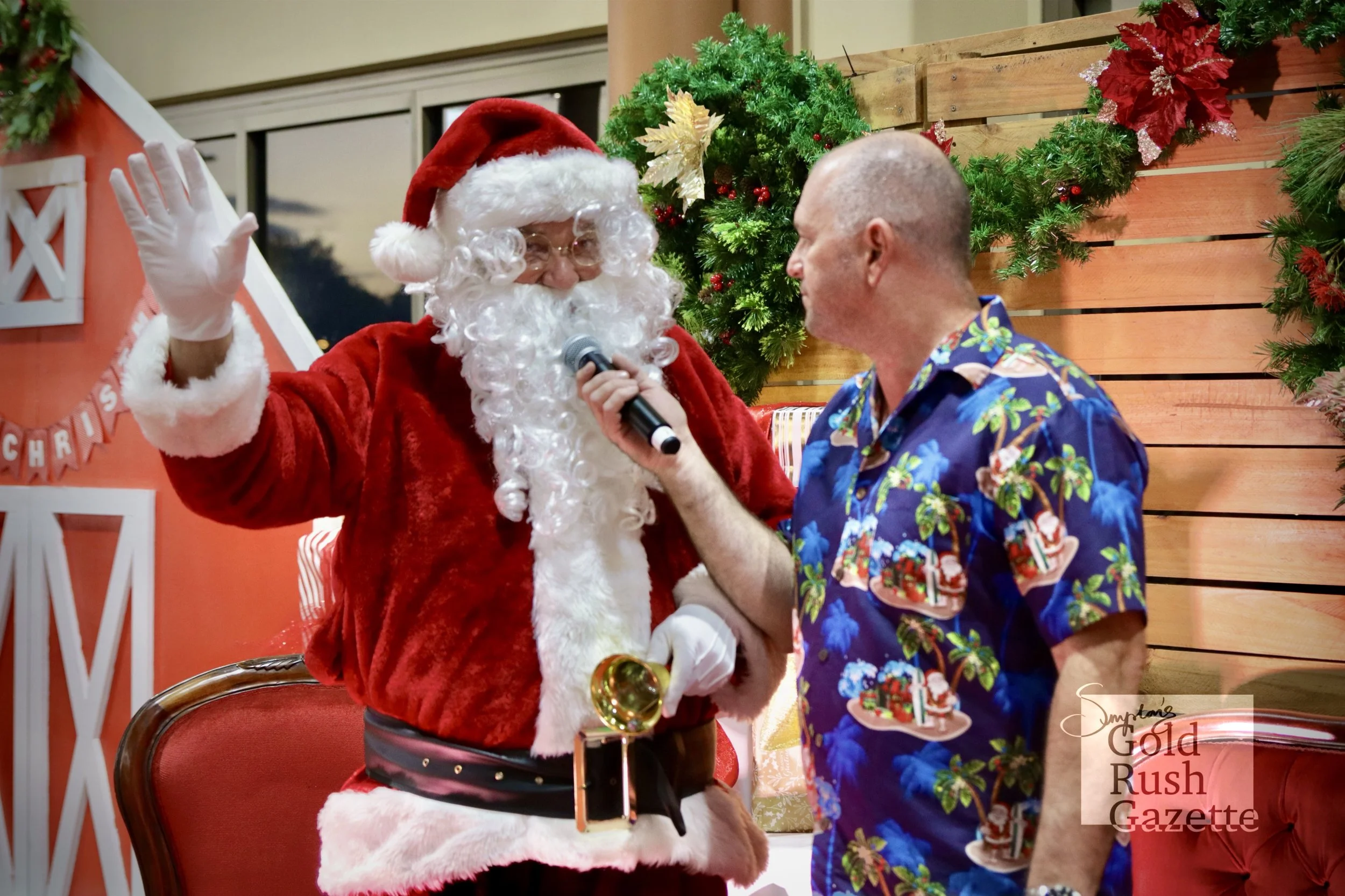 MC Jason Wolfgram with Santa at the Goldtower Christmas eat street markets at Poppet Head Plaza (2024)