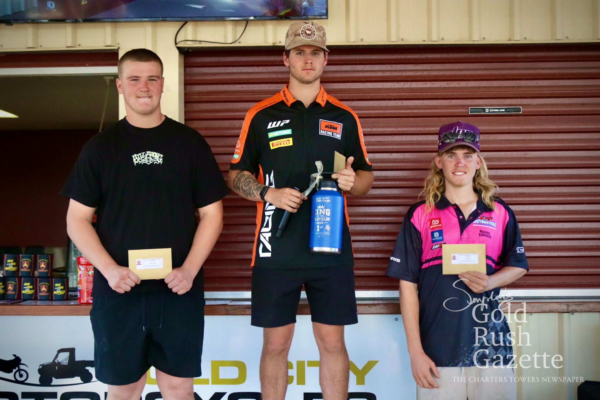 King of the Goldfields Champions Cooper Downing (second), Zachary Watson (first), and Seth Davis (third) at the 2026 King of the Goldfields awards presentation 