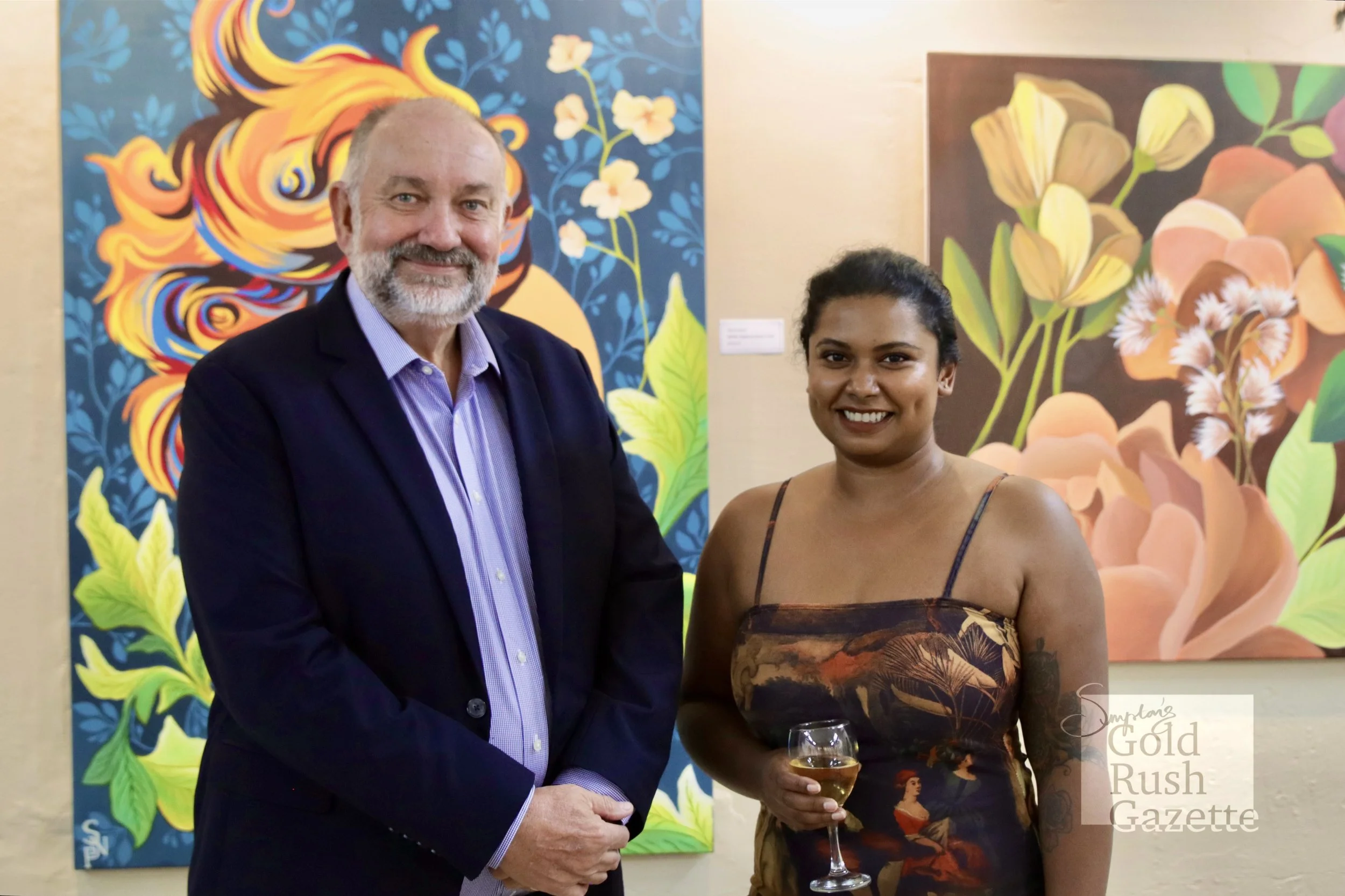 Cr Graham Lohmann and Stephanie Peter at the Paint and Sip Art Exhibition at the Mike Carney Creative Industries Centre (2024)