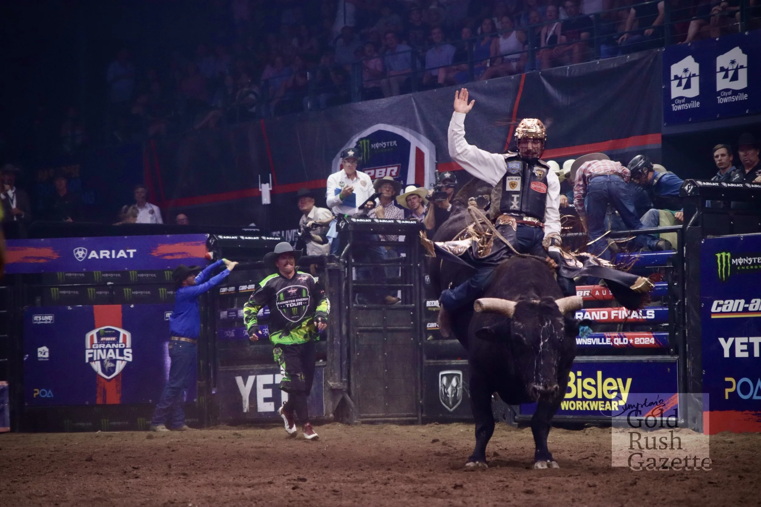 Daniel Keeping on bull Haunted competing at the 2024 PBR Grand Final at the Townsville Entertainment Centre 