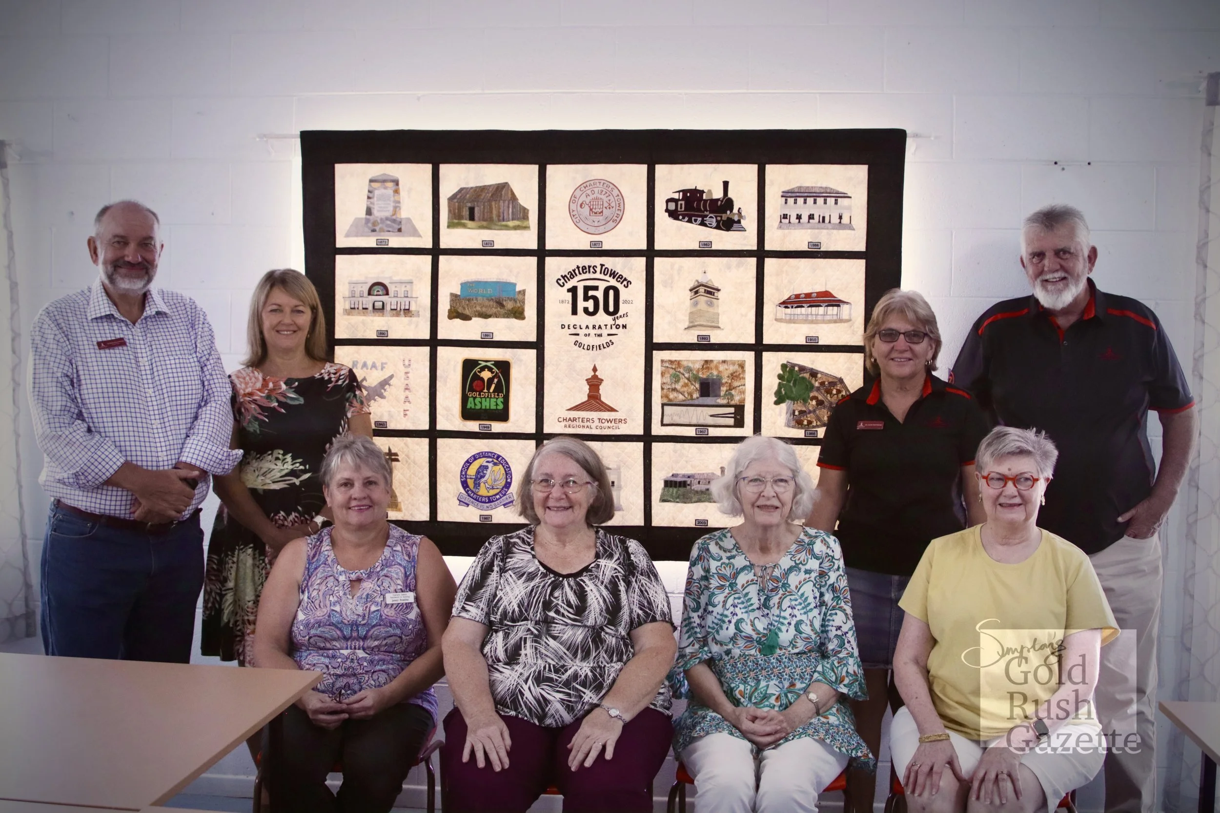 The wall hanging to commemorate the 150 Year Anniversary of Charters Towers created by the Charters Towers Patchwork & Quilters Group presented to the Charters Towers Regional Council (2023)