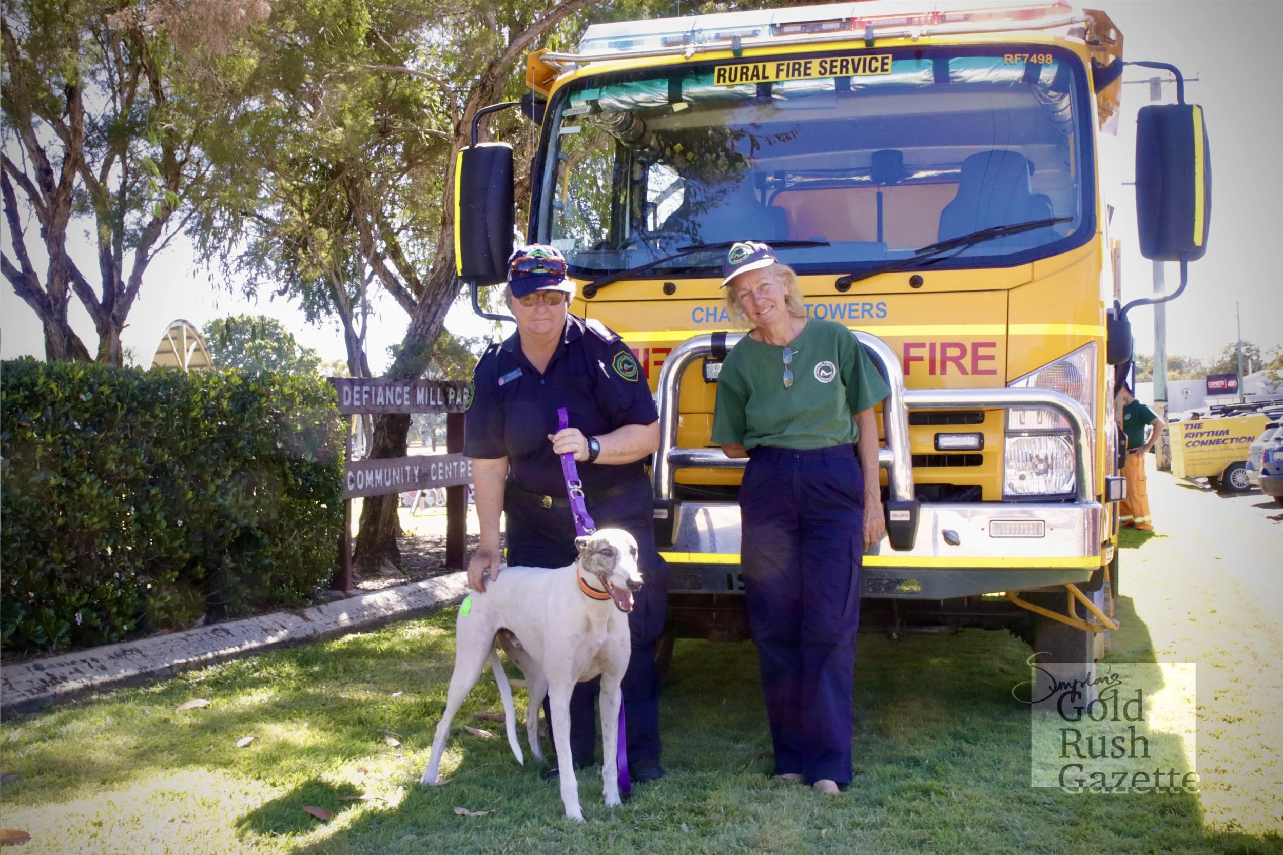 Anita Lee, Smitty the dog, and Kate Thomson from the Queensland Fire and Emergency Services at Prospect’s Youth Festival at the Charters Towers Defiance Mill Park