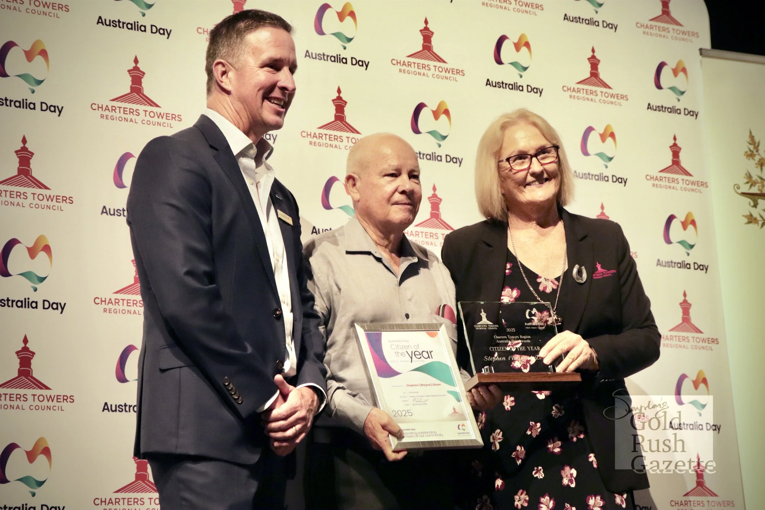 Citizen of the Year Stephen (Wayne) Dixon at the 2025 Charters Towers Australia Day Awards ceremony at the World Theatre