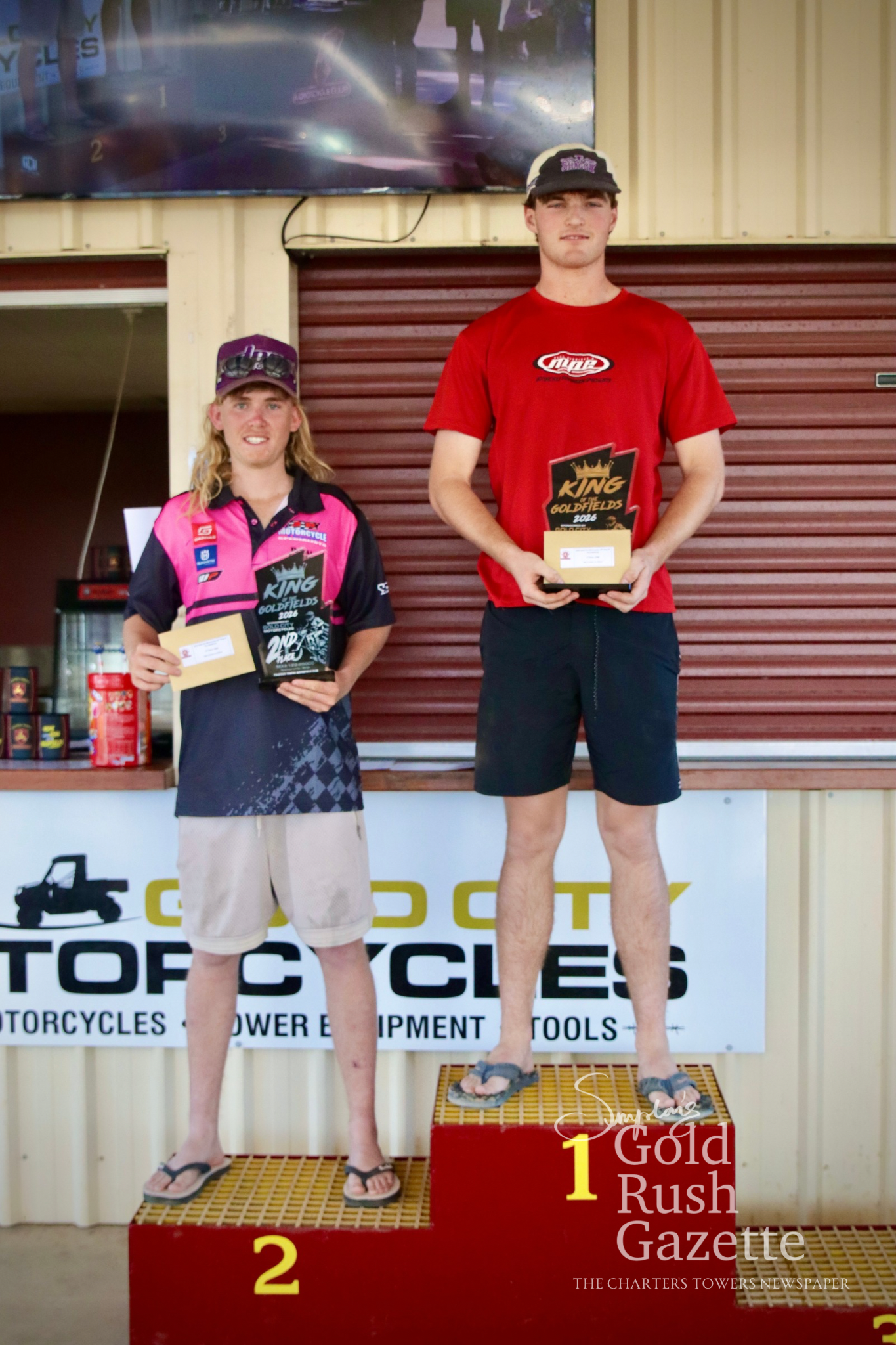 MX2 122cc-250cc overall winners Seth Davis (second) and Vinn O'Brien (first) at the 2026 King of the Goldfields awards presentation hosted by the Charters Towers Motorcycle Club