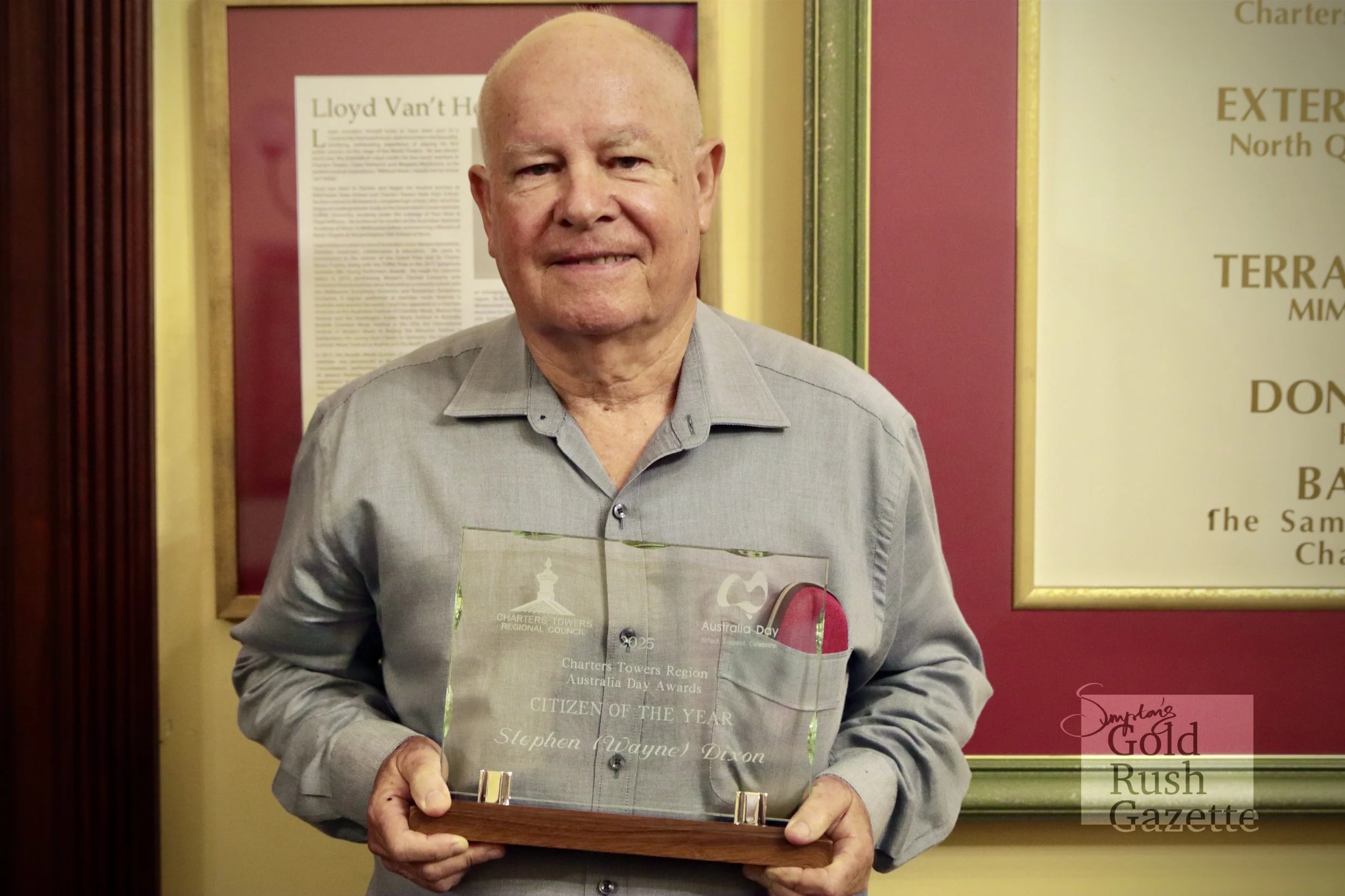 Citizen of the Year Stephen (Wayne) Dixon at the 2025 Charters Towers Australia Day Awards ceremony at the World Theatre