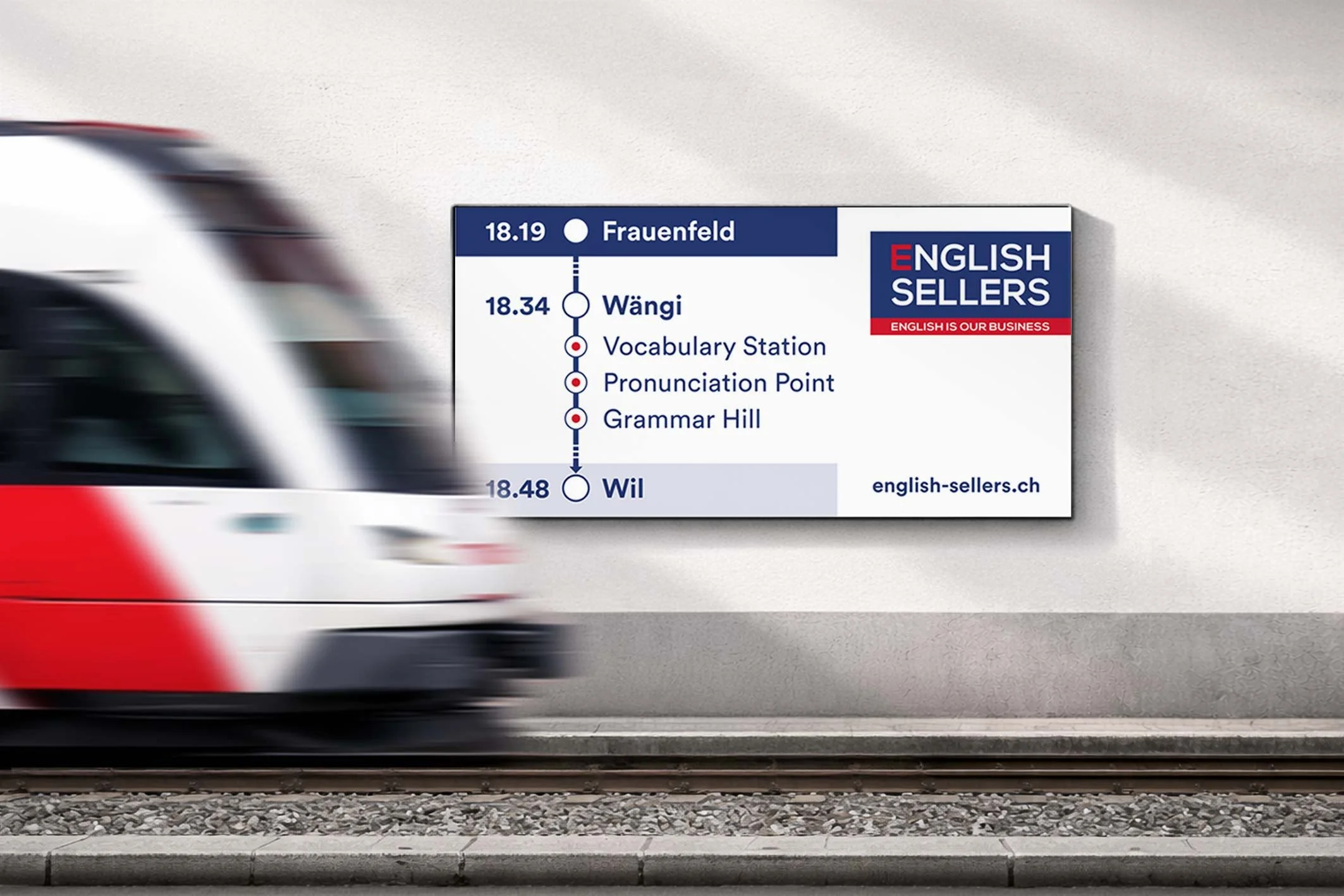 Werbeplakat mit der Haltestellenfolge Frauenfeld–Wängi–Wil und einem Zug der Frauenfeld-Wil-Bahn im Vordergrund.