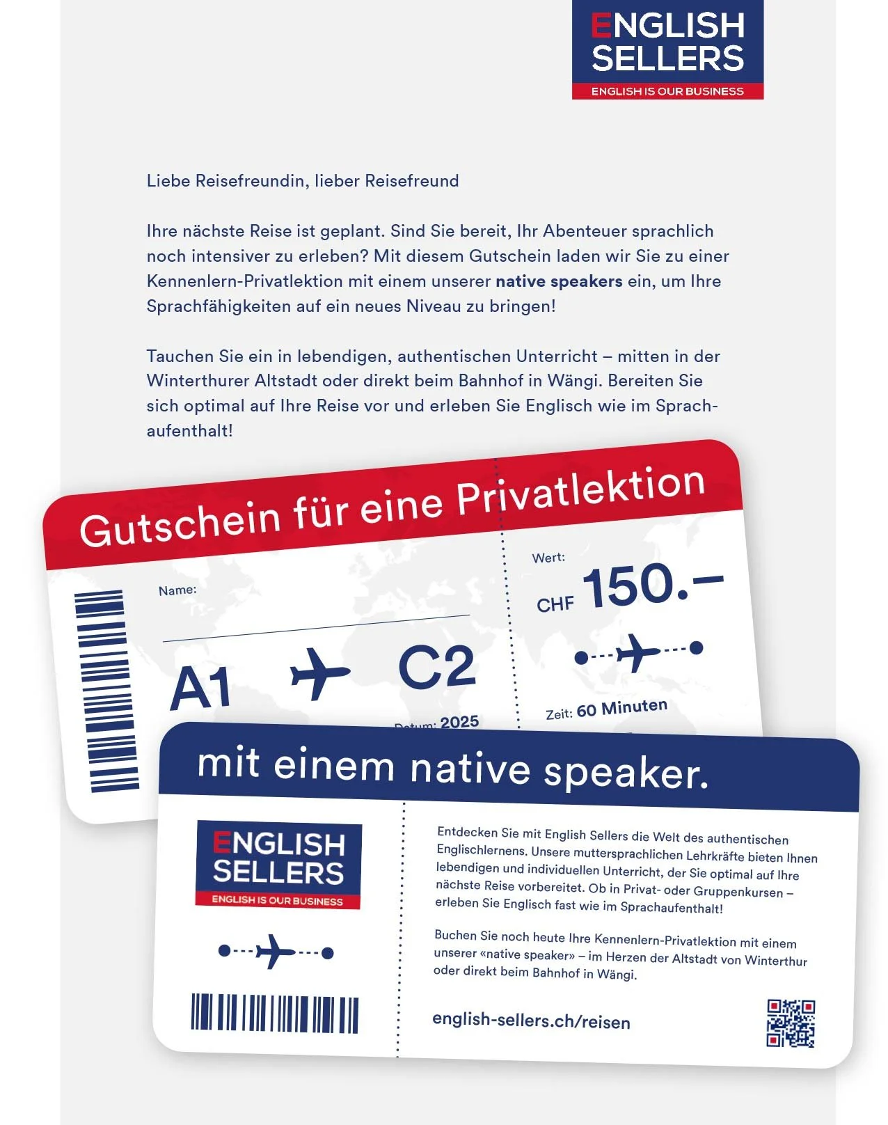 Mailing für Reisebüros im Look eines Reisegutscheins – mit Bordkarte und Werbebrief.