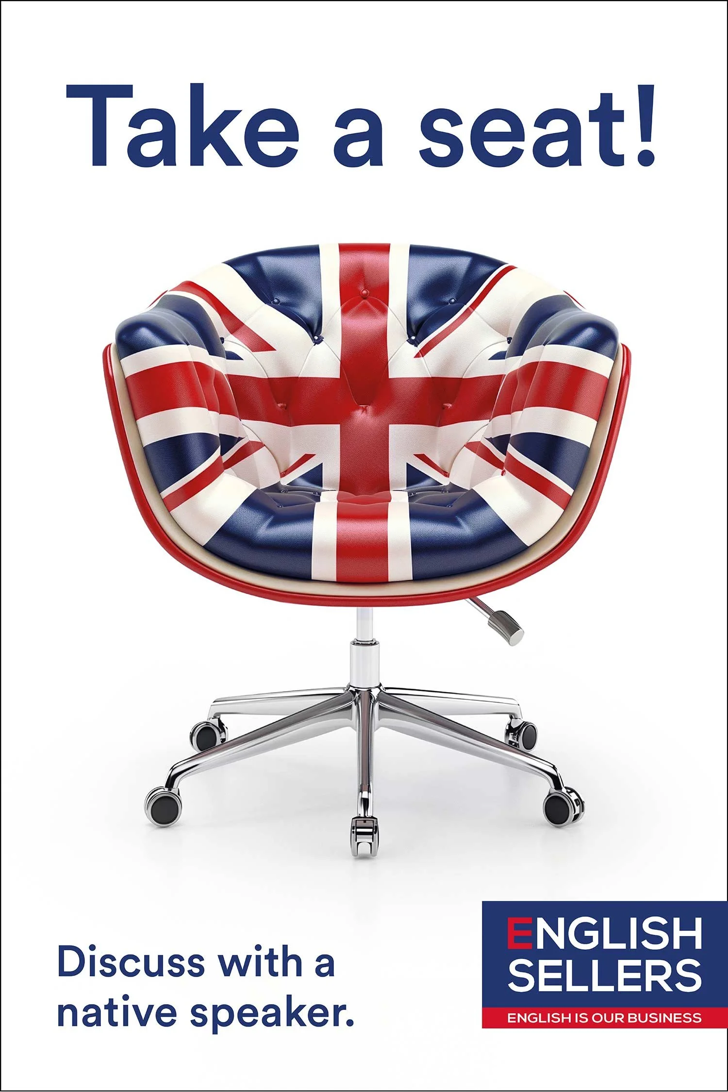 Werbeplakat mit einem Bürostuhl im Union-Jack-Look und der Headline «Take a seat!».