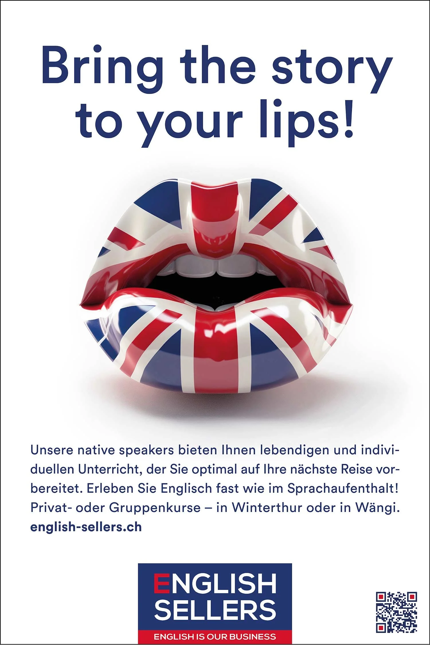Anzeige mit Lippen im Union-Jack-Look und der Headline «Bring the story to your lips!».