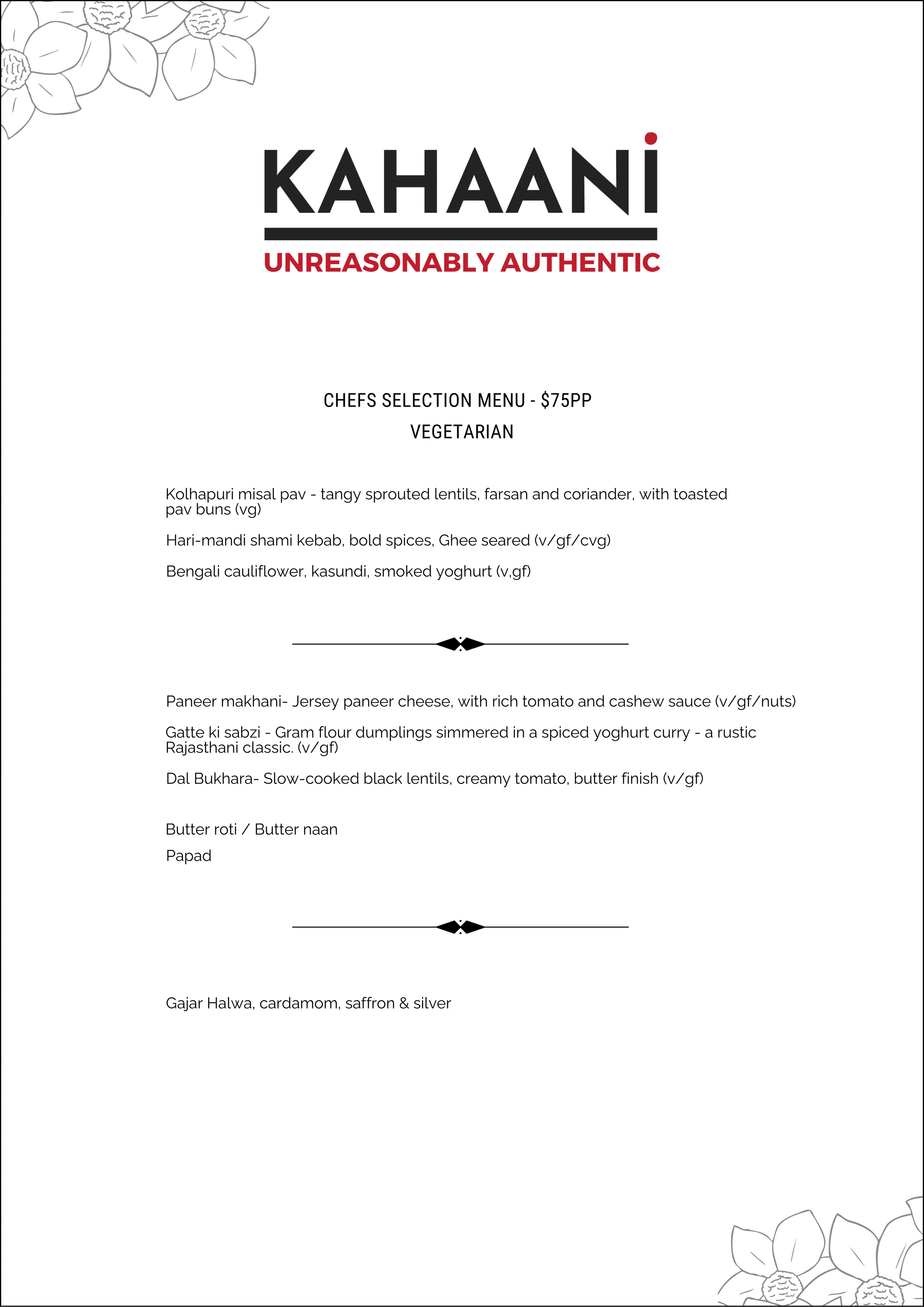 Menu from Kahaani restaurant featuring vegetarian Indian dishes, including kolhapuri misal pav, Hari-mandi shami kebab, Bengali cauliflower, paneer makhani, gatte ki sabzi, dal bhakara, and sides like butter roti, naan, papad, and gajar halwa with saffron and silver garnish.