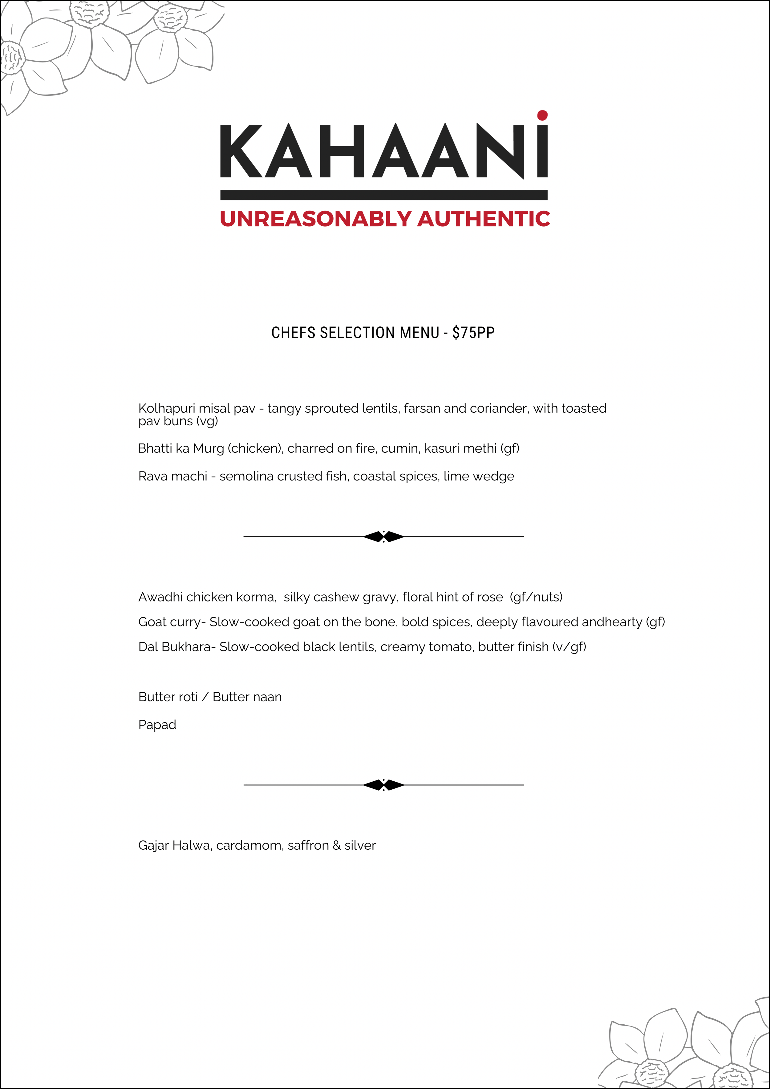 Kahaani restaurant menu featuring Indian dishes, including lentil pav, chicken chaap, fish Rava machi, chicken korma, goat curry, dal bhukhara, butter naan, papad, and gajar halwa, cardamom, saffron, and silver dessert with floral border design.