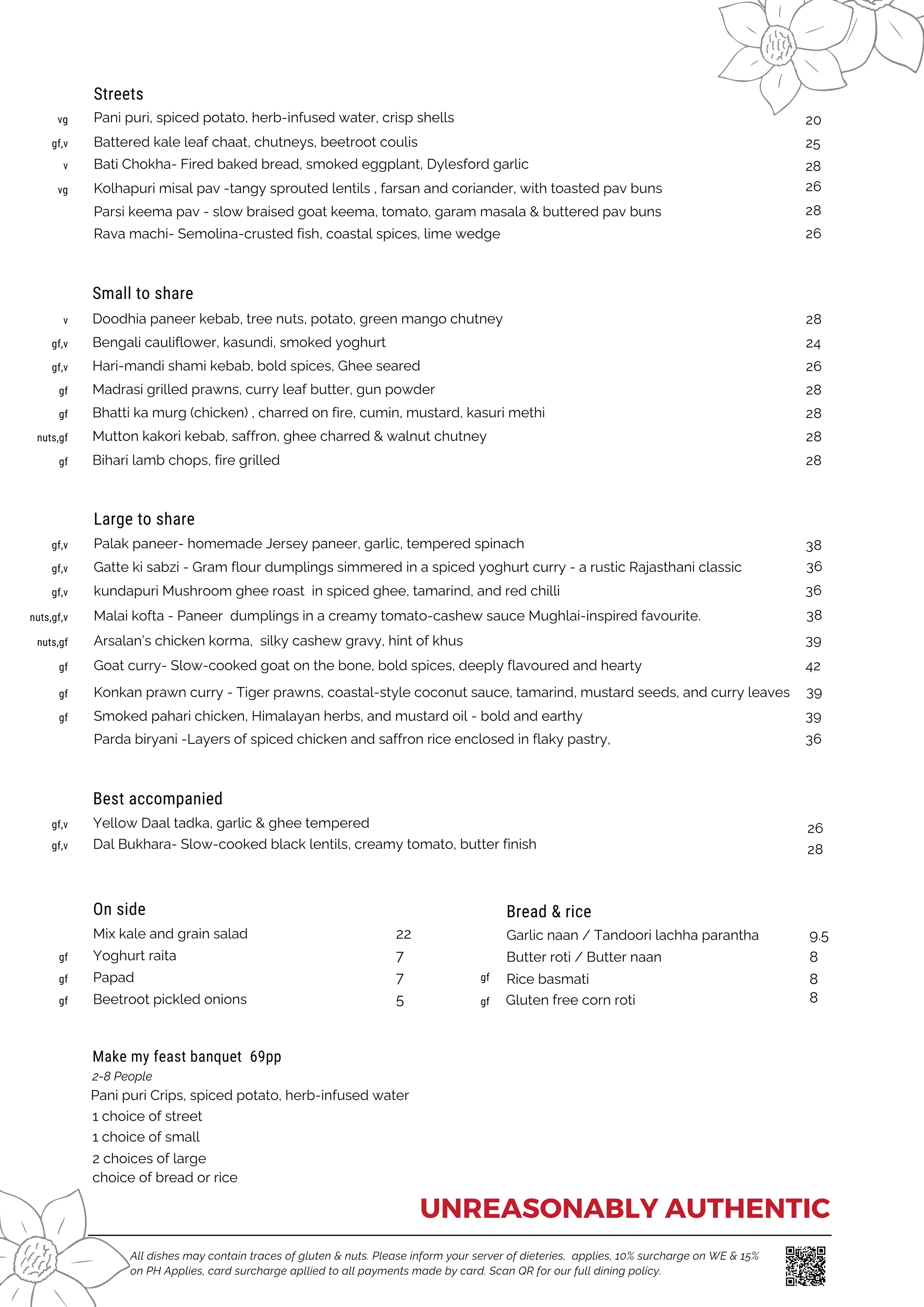 A restaurant menu featuring Indian dishes, including street foods, small to share, large to share, accompaniments, side dishes, bread, and rice options, with prices listed.