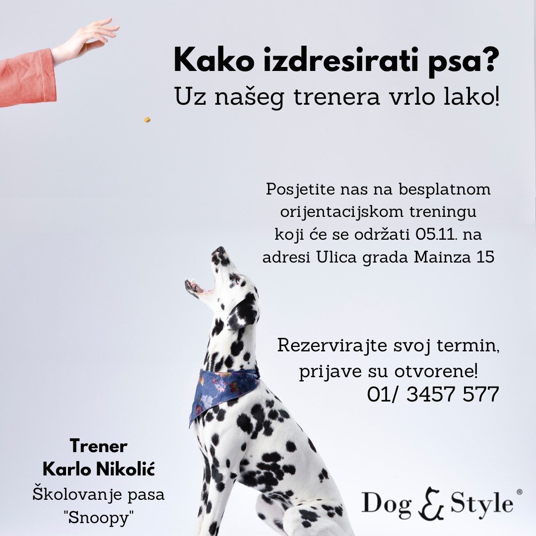 Iduću subotu, 05.11., dođite upoznati na&scaron;eg trenera Karla i sa svojom nju&scaron;kicom u pola sata individualnog treninga naučite ne&scaron;to novo! 🐕&zwj;🦺

Karlo će kod nas biti od 10h do 12h.
Za sva pitanja i rezervacije termina nazovite 