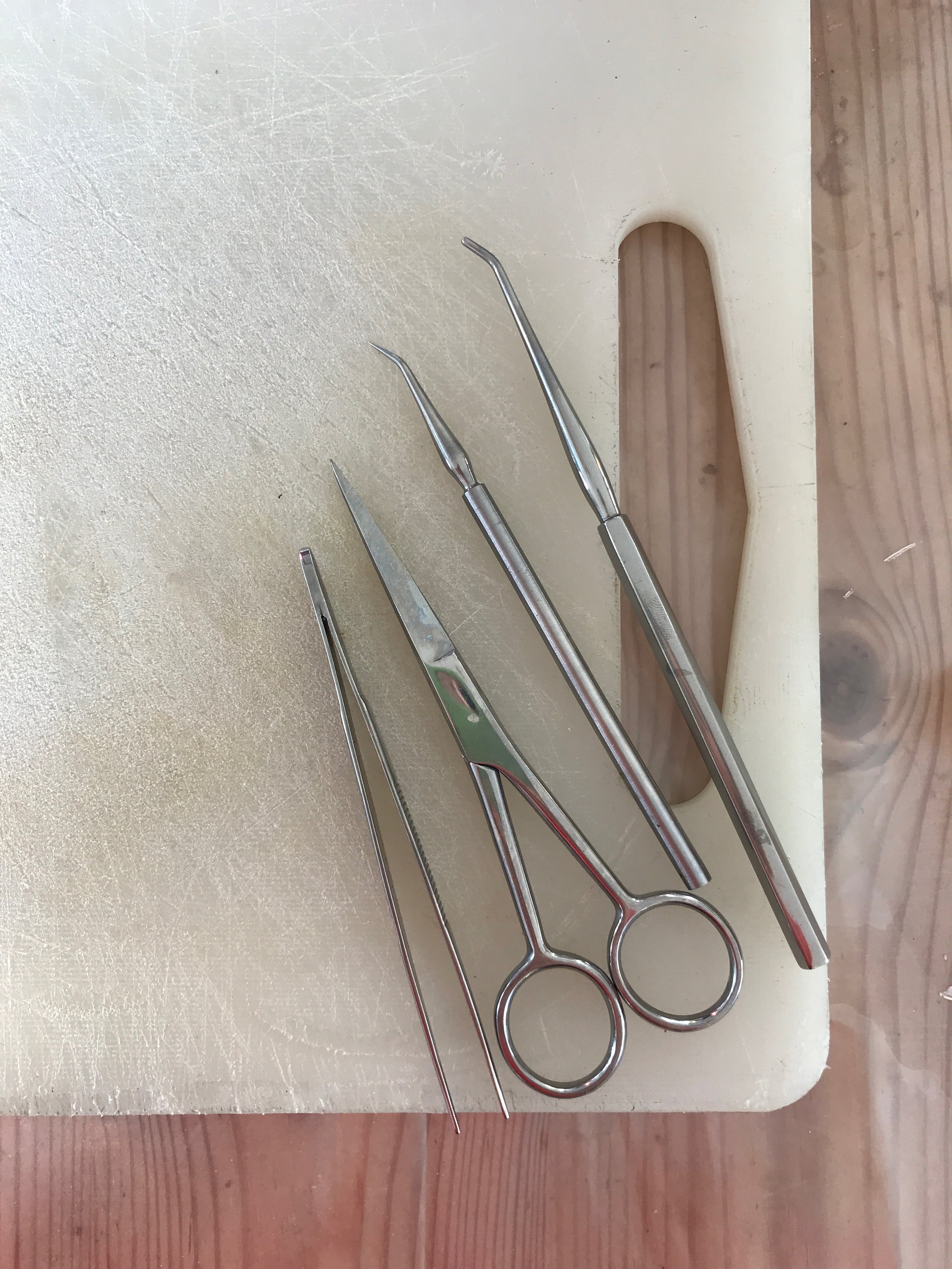 Surgical equipment on white chopping board